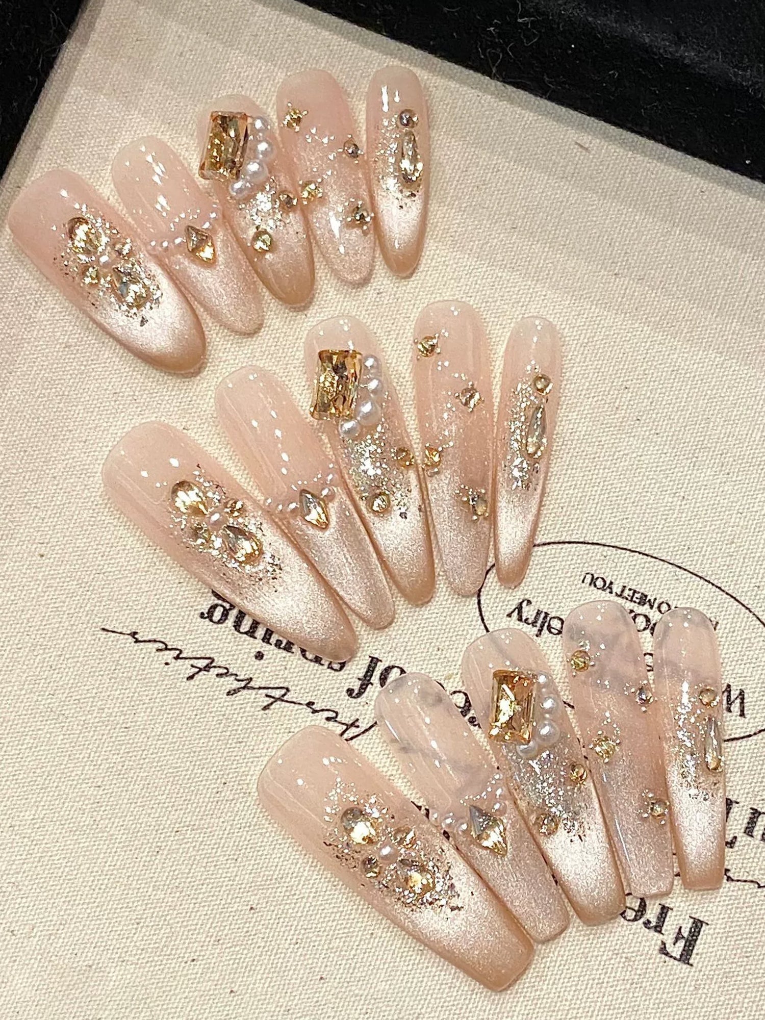 Elegant Nude Glitter with Gold Rhinestones & Pearl Accents Press-On Nails PN002