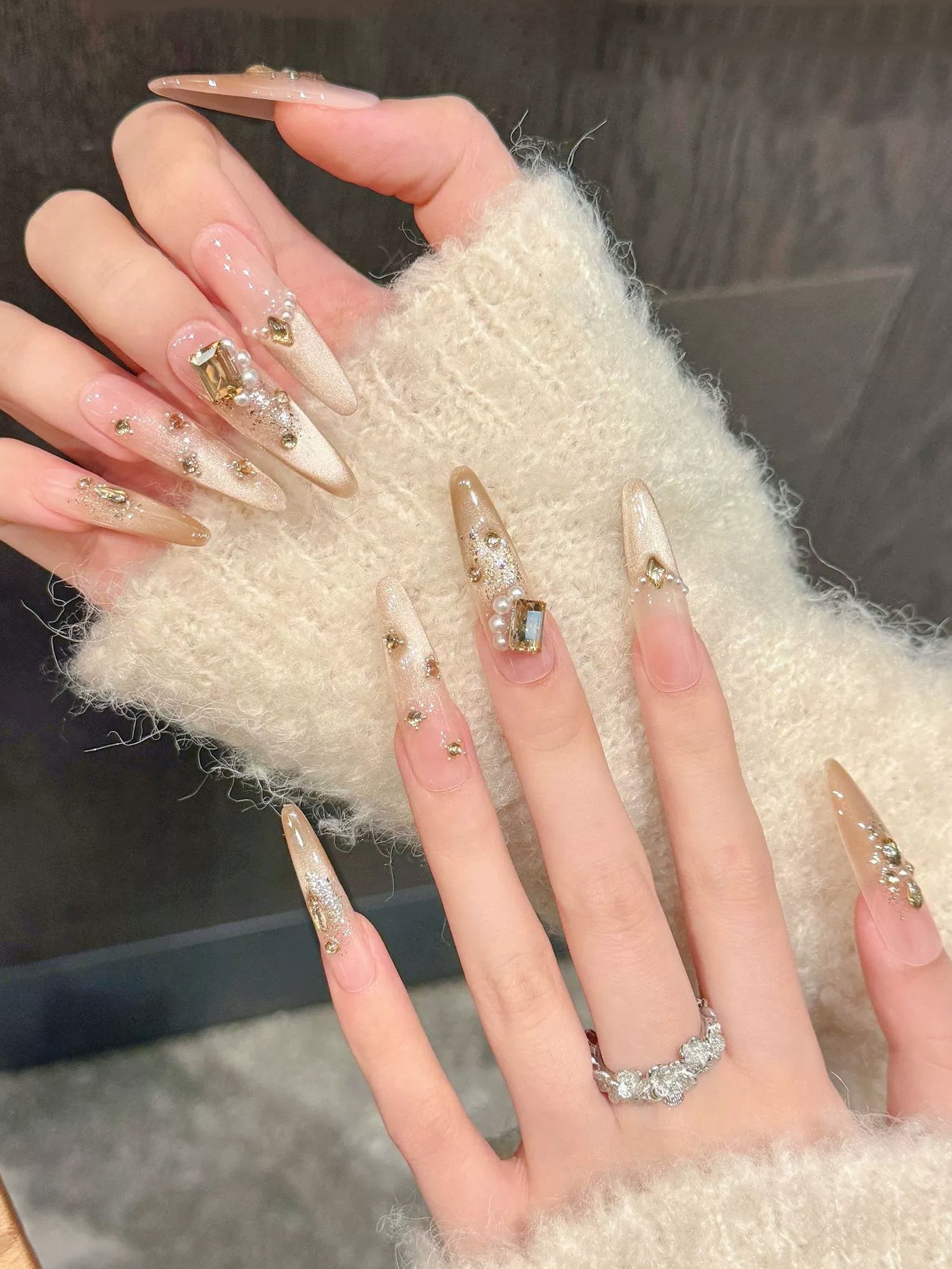 Elegant Nude Glitter with Gold Rhinestones & Pearl Accents Press-On Nails PN002