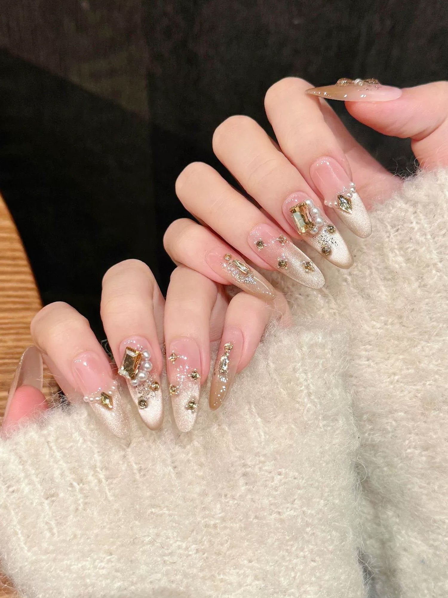 Elegant Nude Glitter with Gold Rhinestones & Pearl Accents Press-On Nails PN002