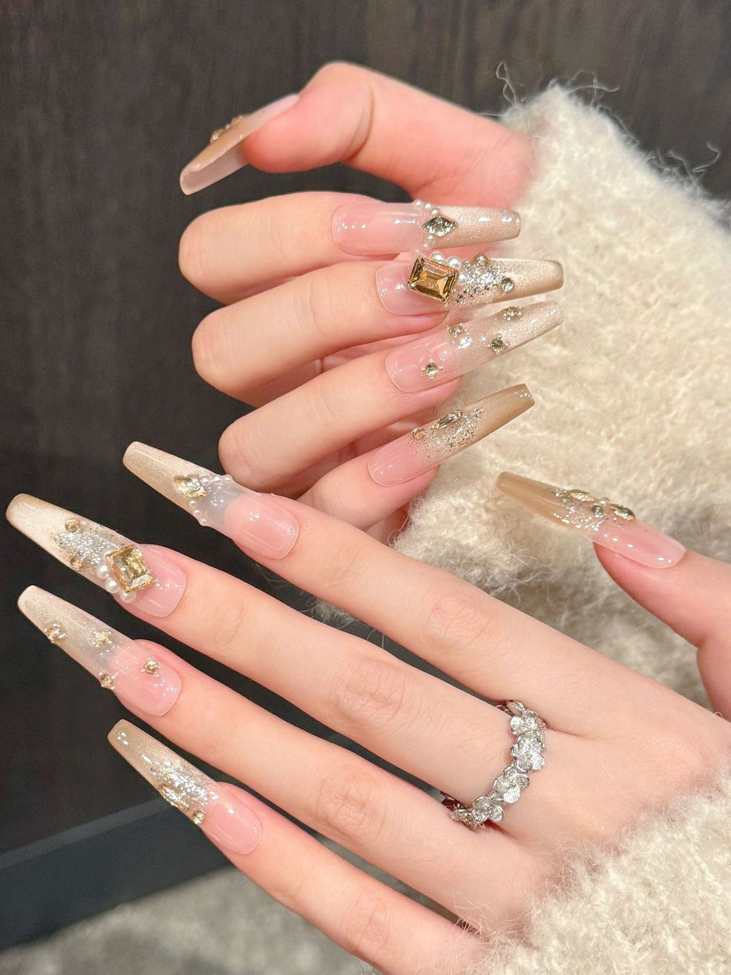 Elegant Nude Glitter with Gold Rhinestones & Pearl Accents Press-On Nails PN002