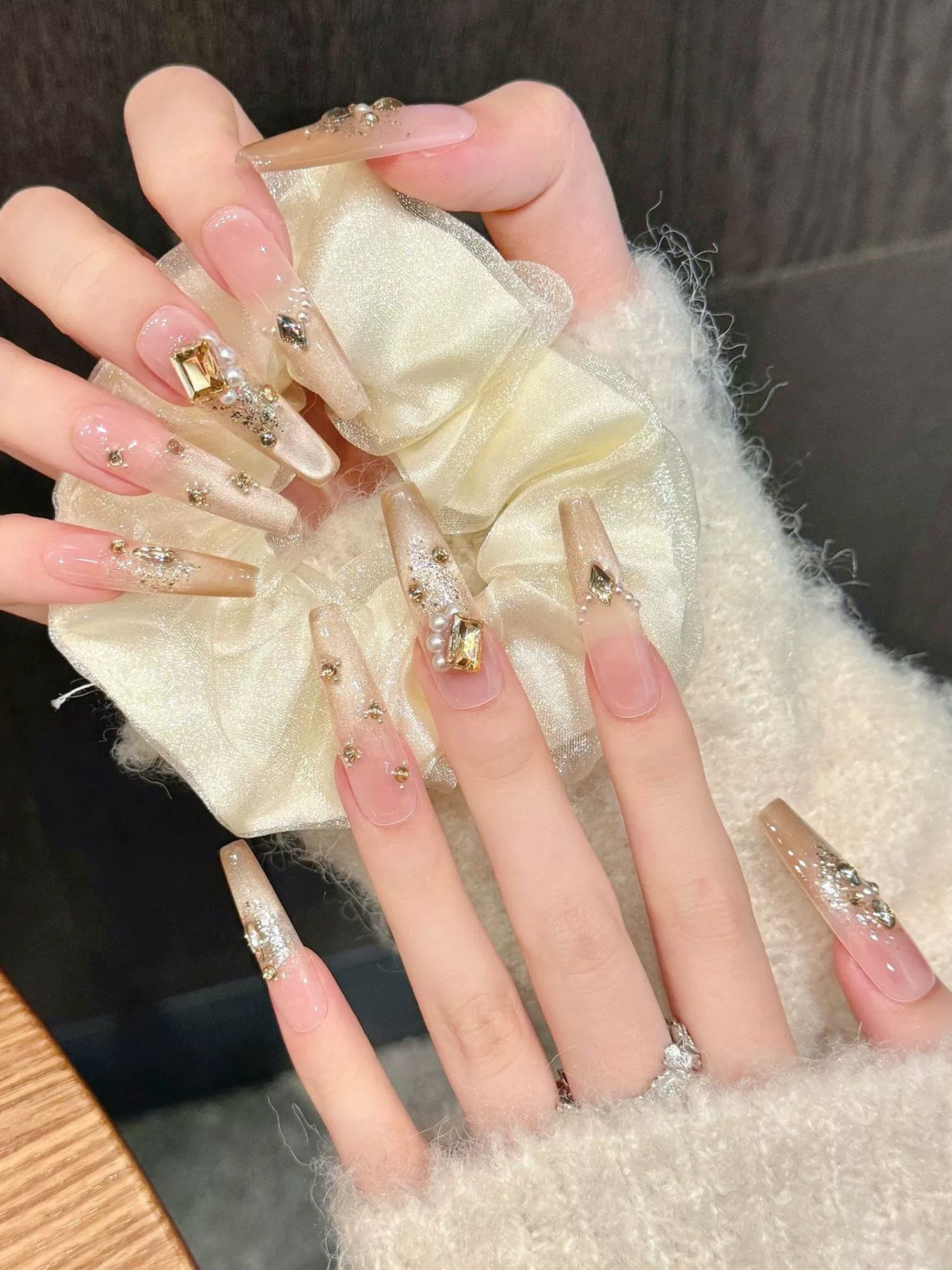 Elegant Nude Glitter with Gold Rhinestones & Pearl Accents Press-On Nails PN002