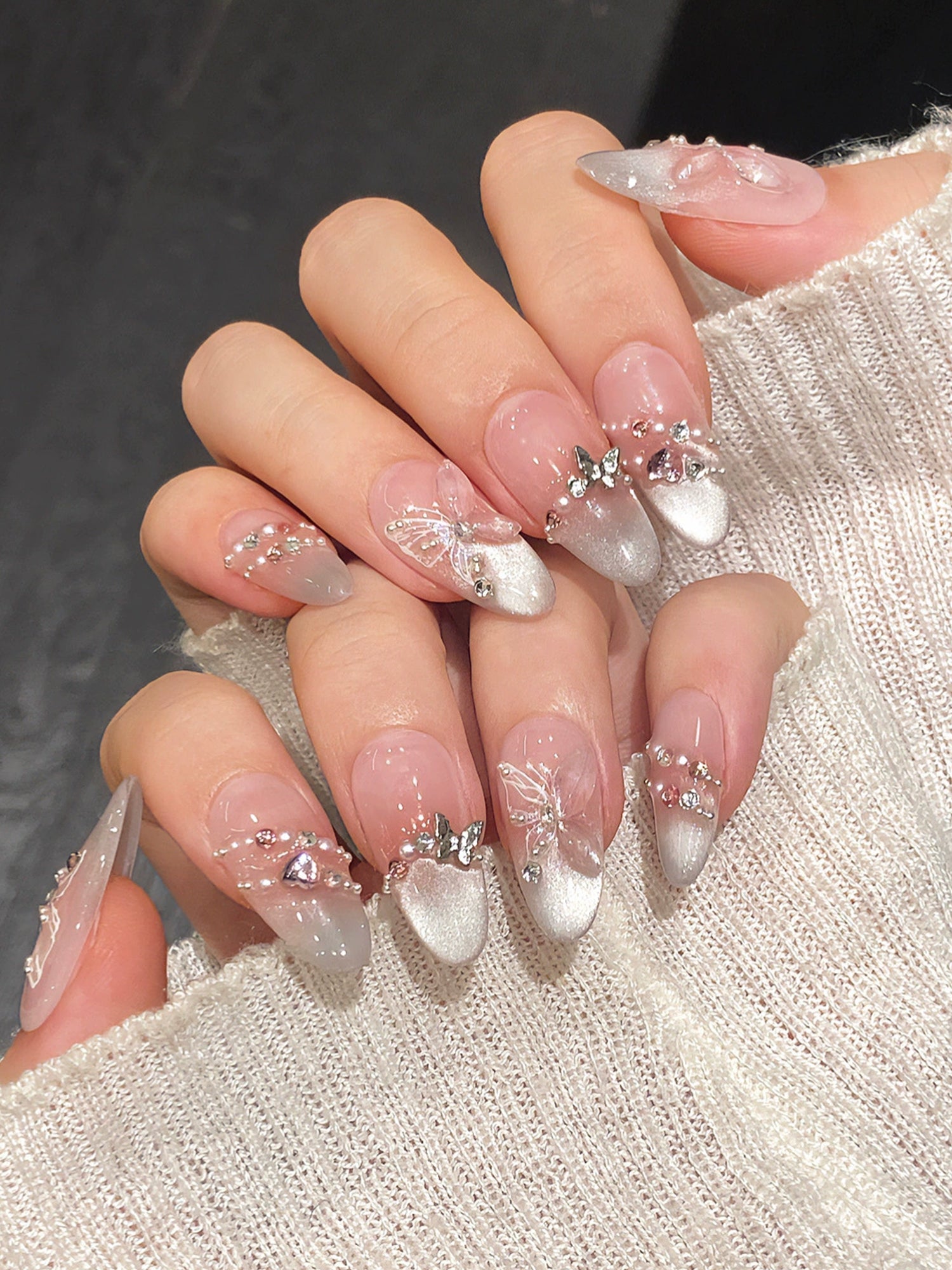 Butterfly-Hand-Painted Diamond Cat-Eye & Glitter Reusable Press-On Nails PN004