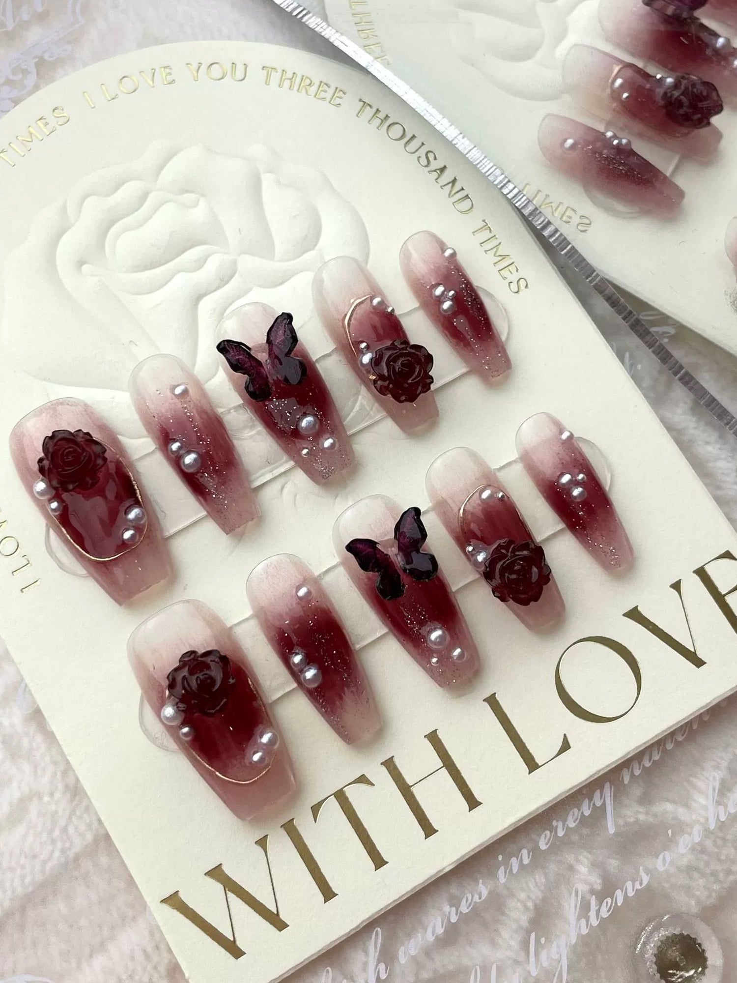 Burgundy Camellia & Butterfly Press-On Nails PN005