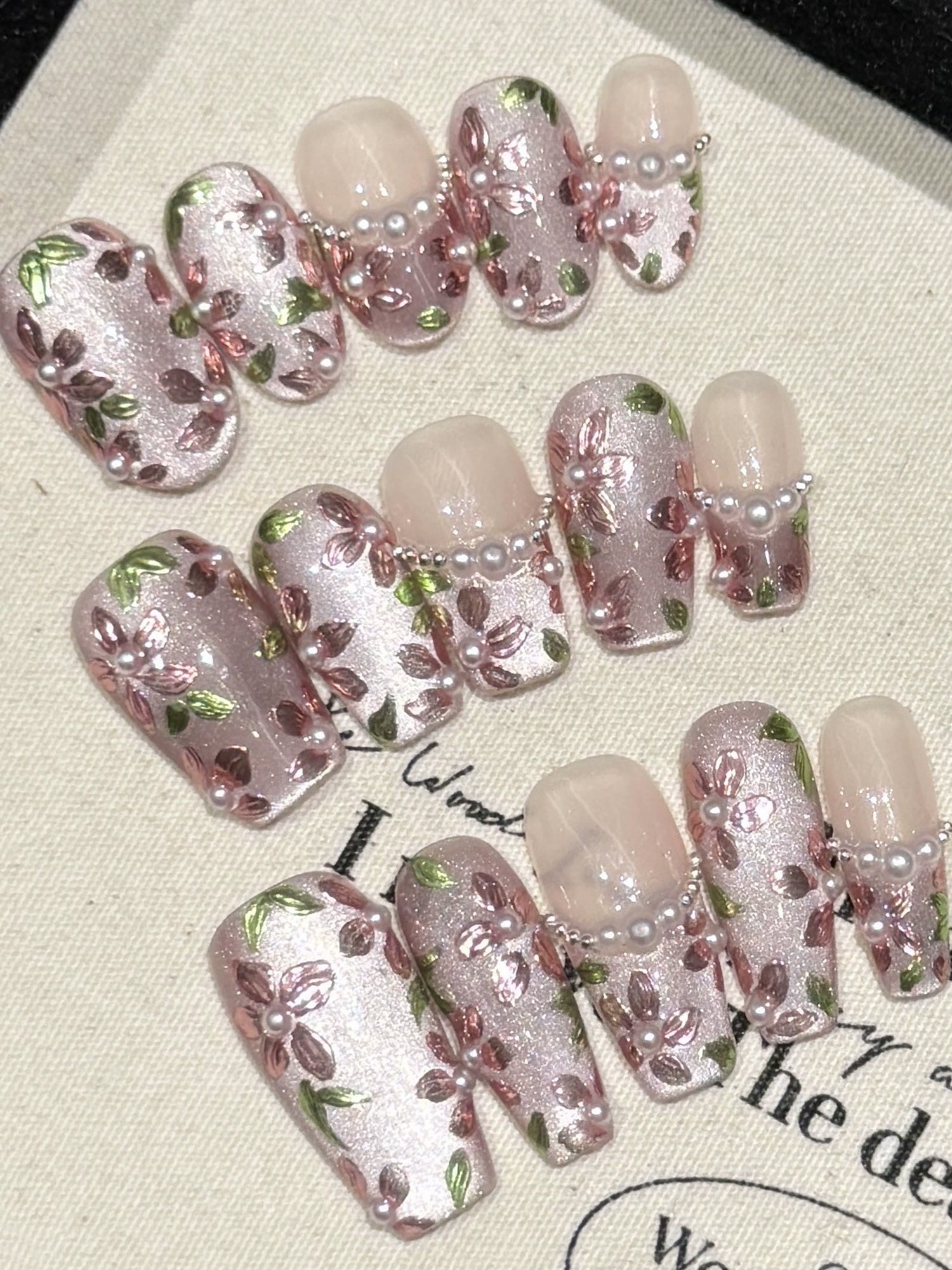 Pink French Flower-Hand-Painted Pearl Reusable Press-On Nails PN007
