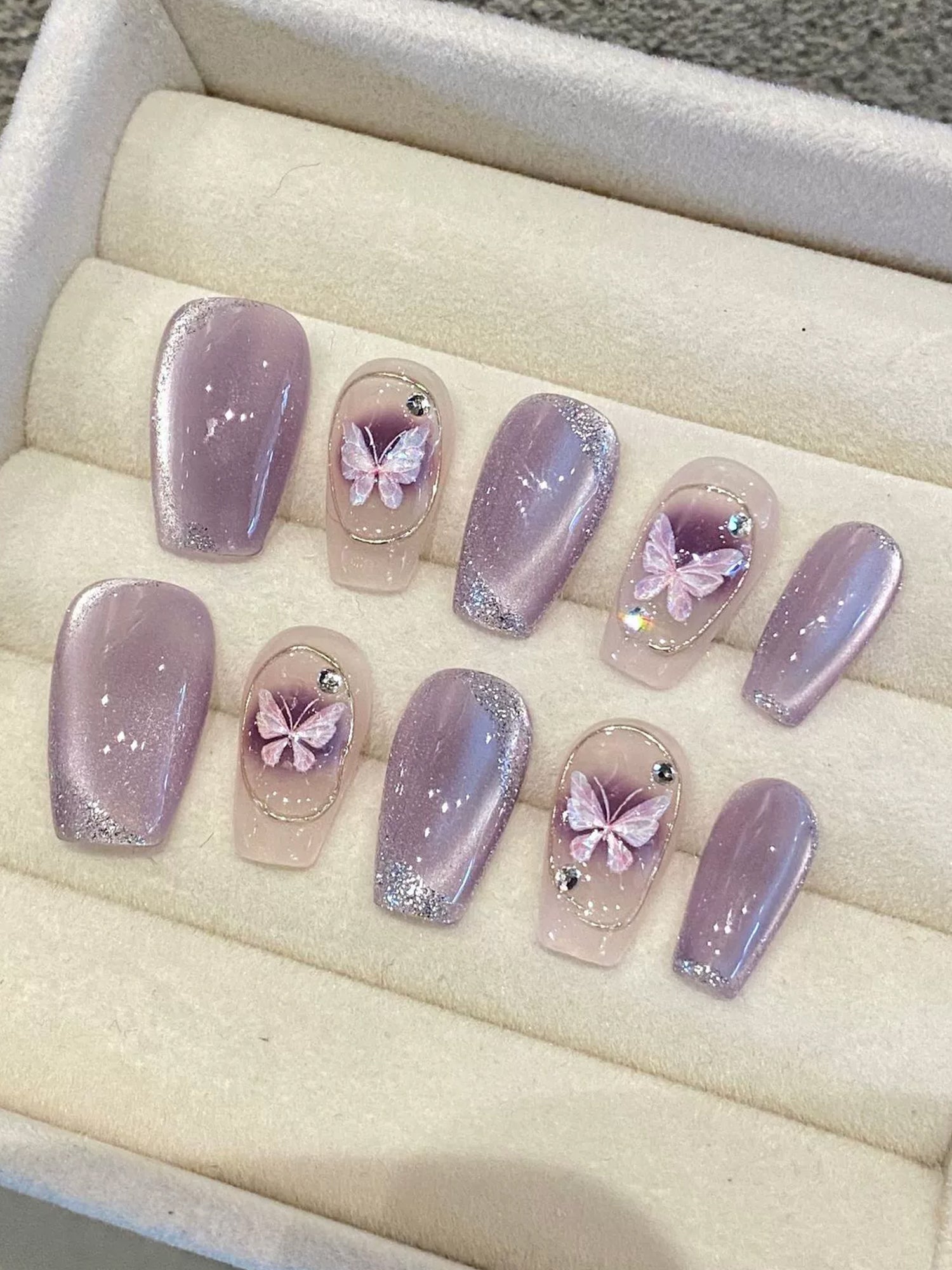 Purple Glitter Butterfly Accents Press-On Nails PN009