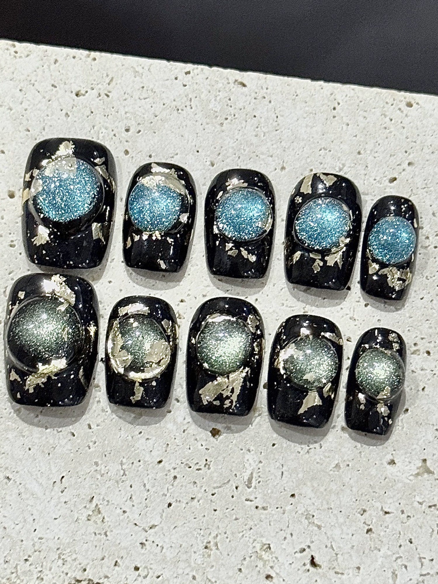 Black with 3D Opal Cat-Eye Effect Press-On Nails PN013