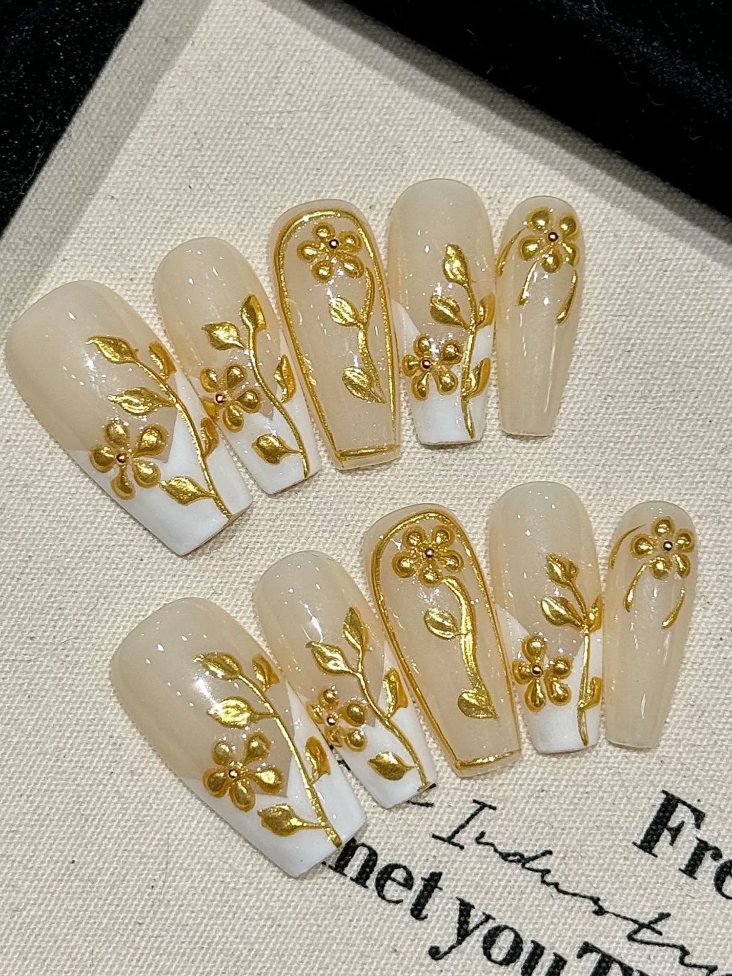 Elegant French Nude with Floral and Leaf Designs Press-On Nails PN014