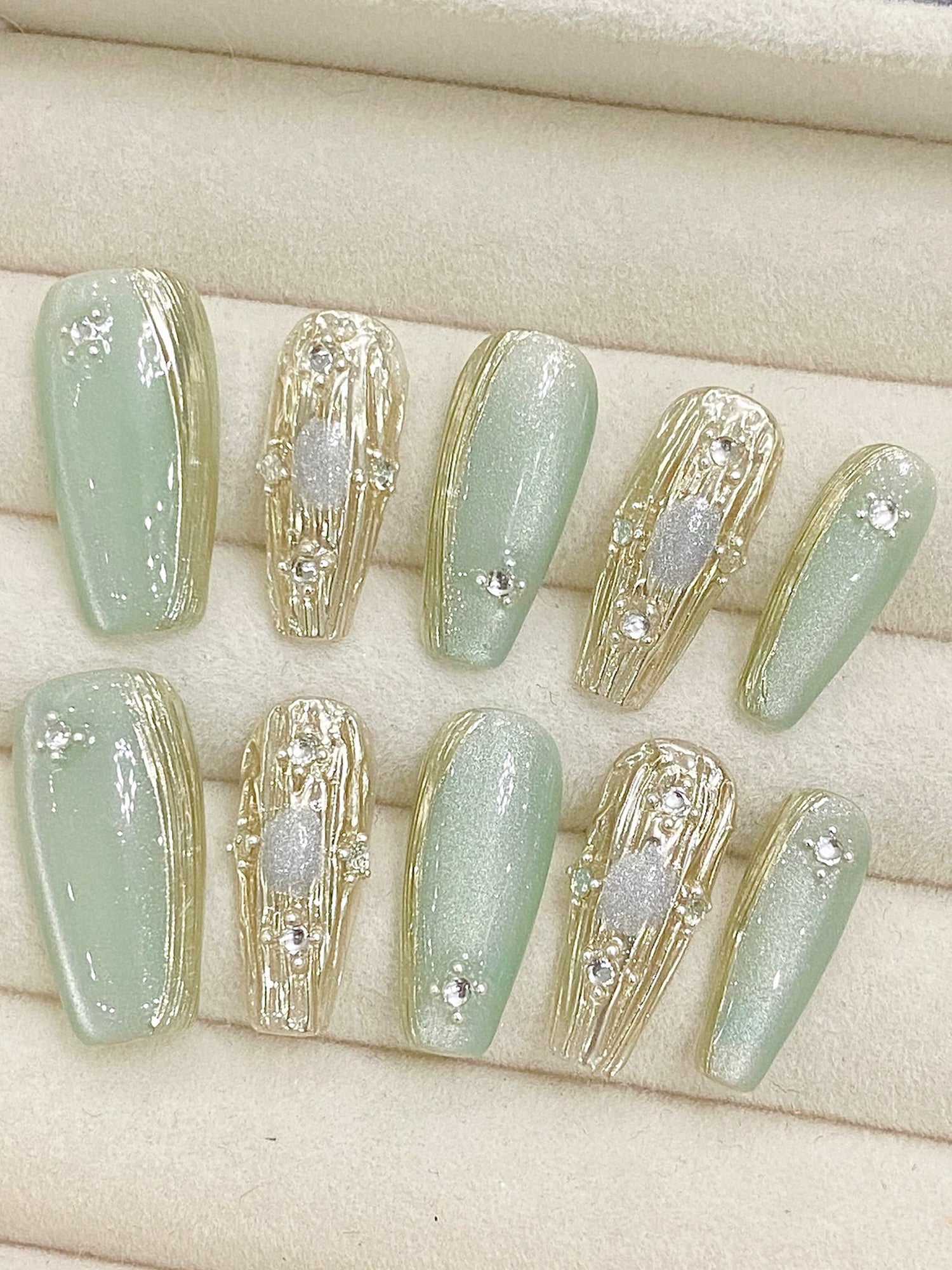 Chic Pastel Green and Gold with Rhinestone Accents Press-On Nails PN015