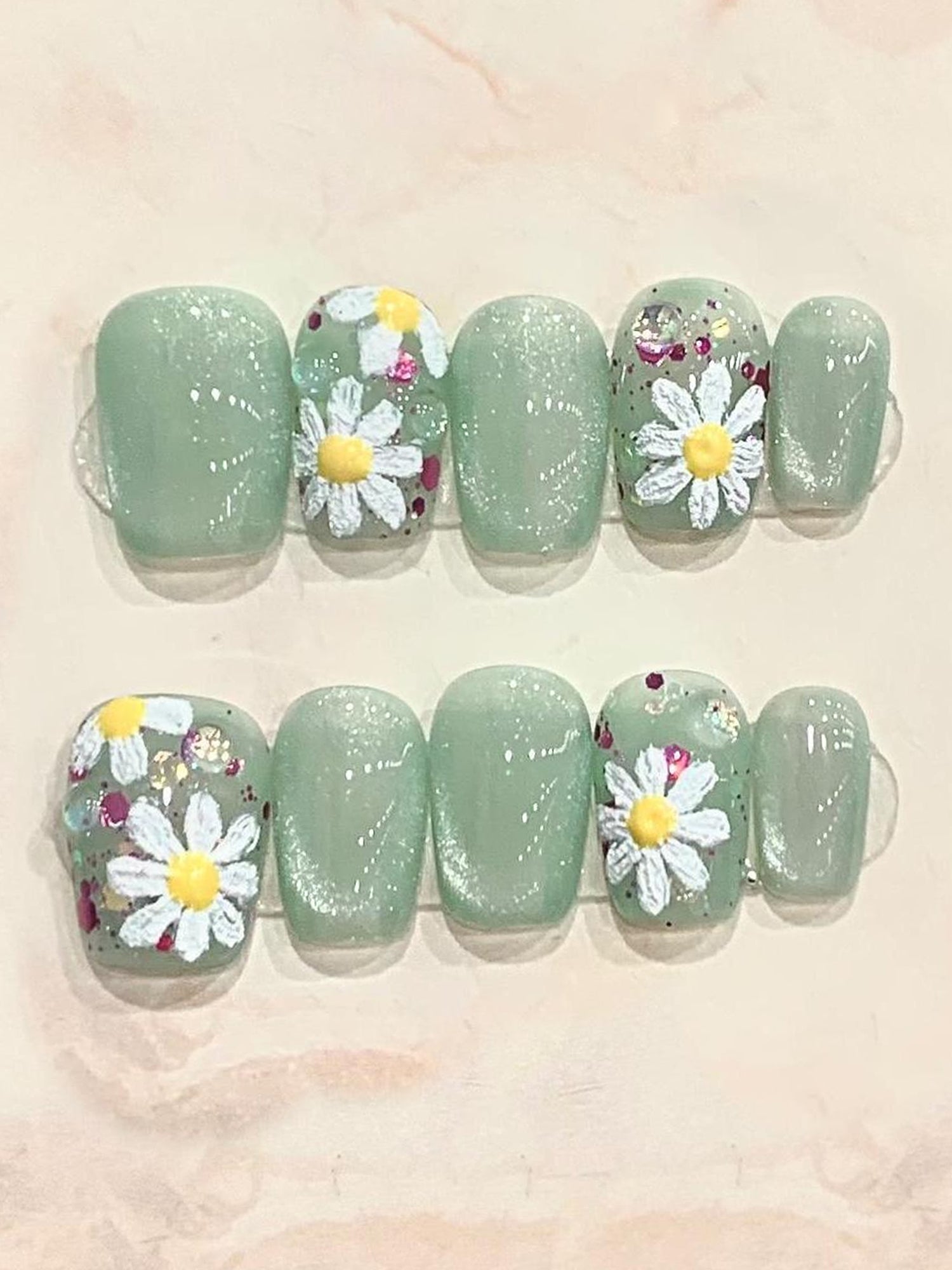 Hand-Painted Floral Mint Green Short Square Press-On Nails PN021