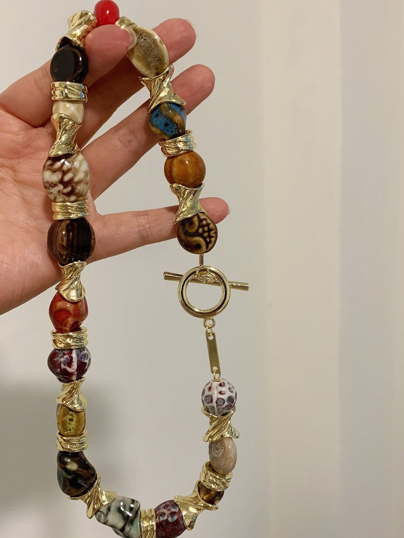 Vintage Alloy & Ceramic Beaded Necklace NE001