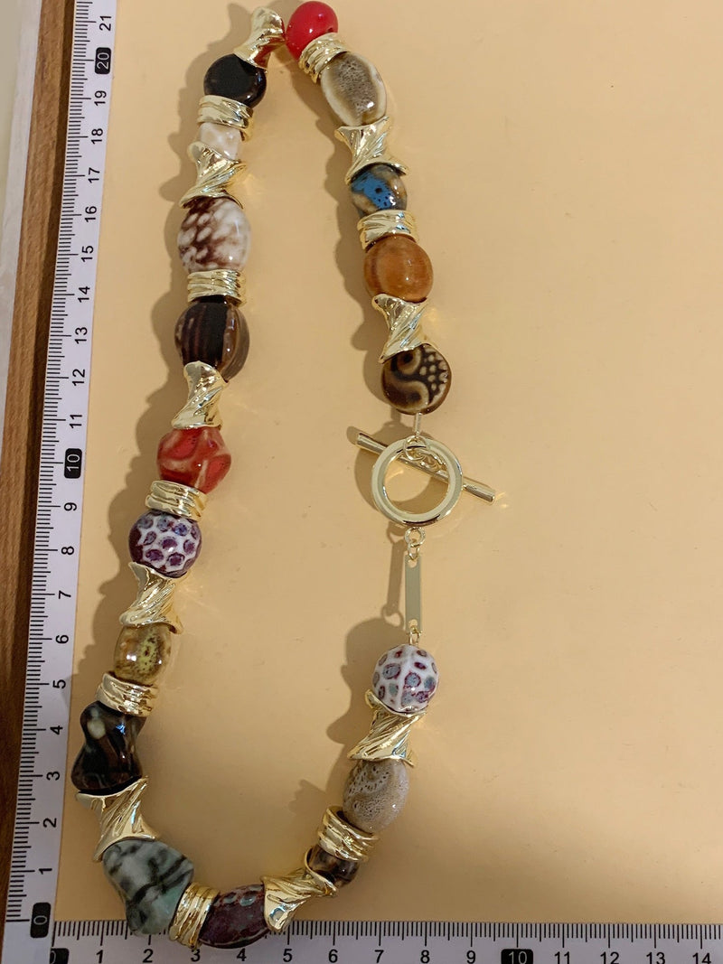 Vintage Alloy & Ceramic Beaded Necklace NE001