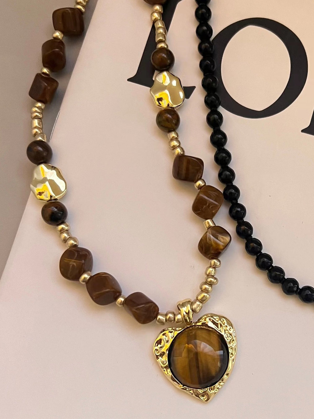 Gold Heart Pendant with Tiger-Eye Beaded Necklace NE002