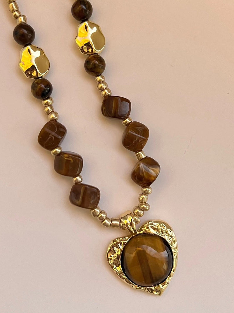 Gold Heart Pendant with Tiger-Eye Beaded Necklace NE002