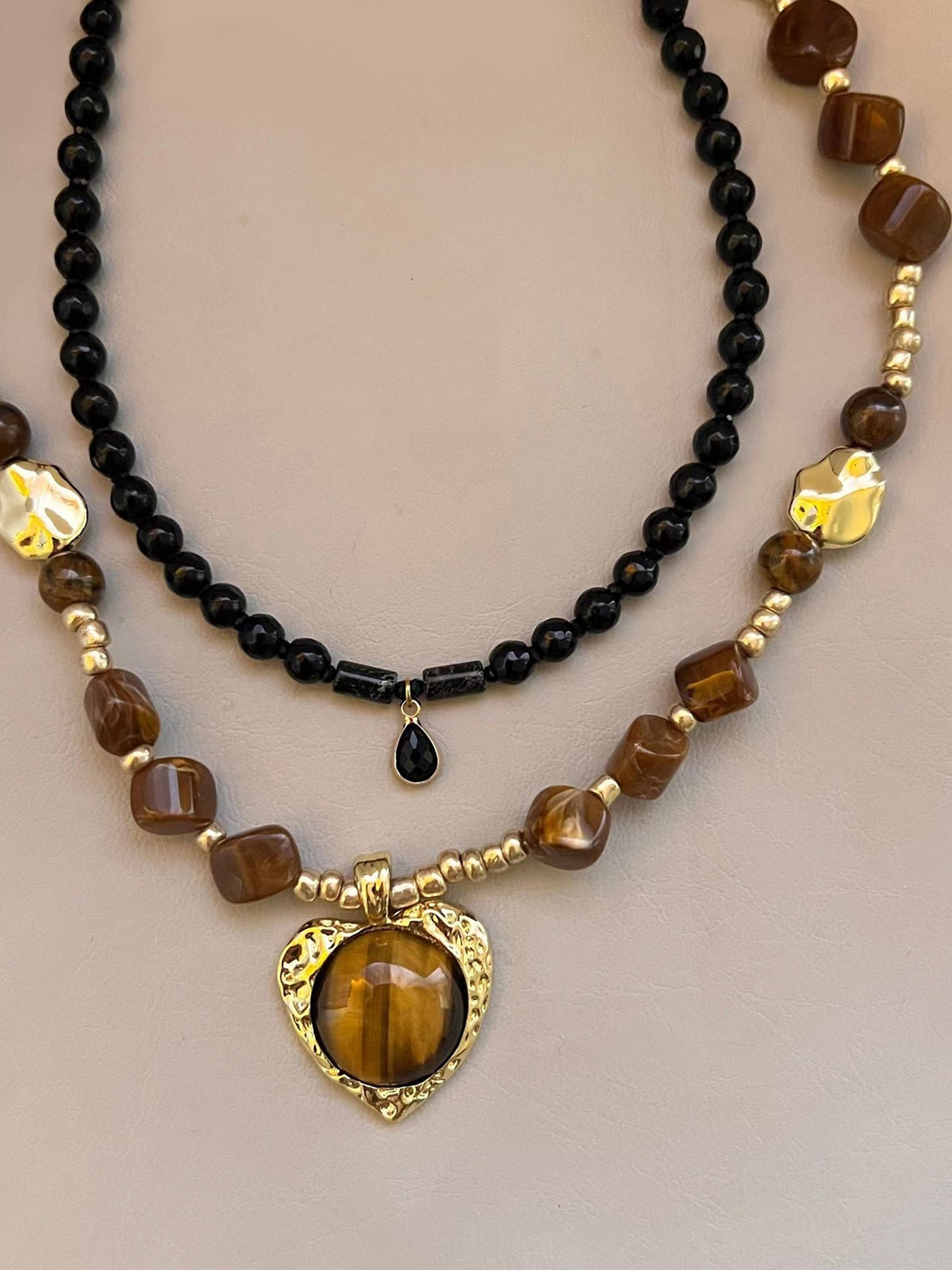 Gold Heart Pendant with Tiger-Eye Beaded Necklace NE002