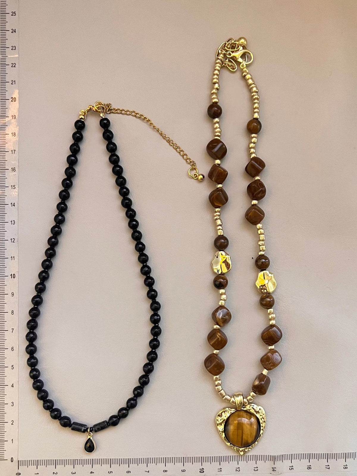 Gold Heart Pendant with Tiger-Eye Beaded Necklace NE002