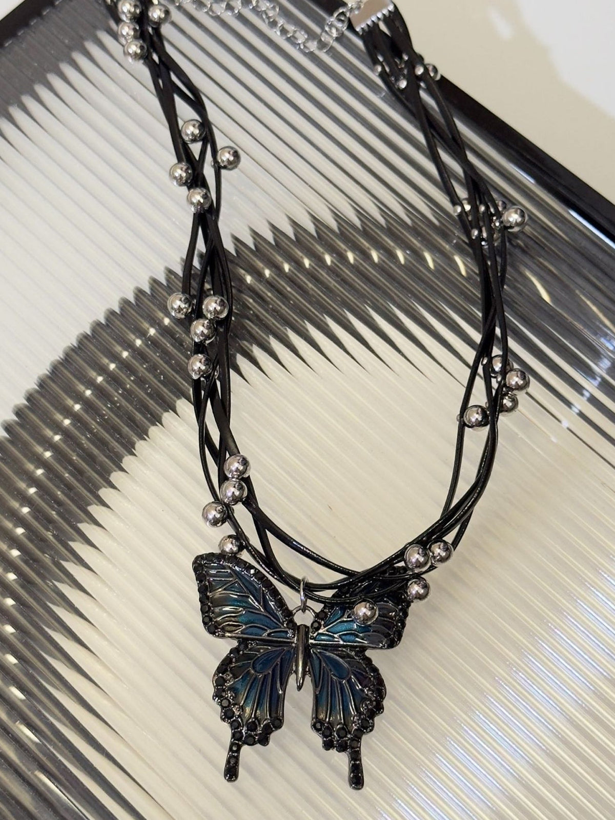 Gothic Blue and Black Butterfly Pendant Necklace NE003