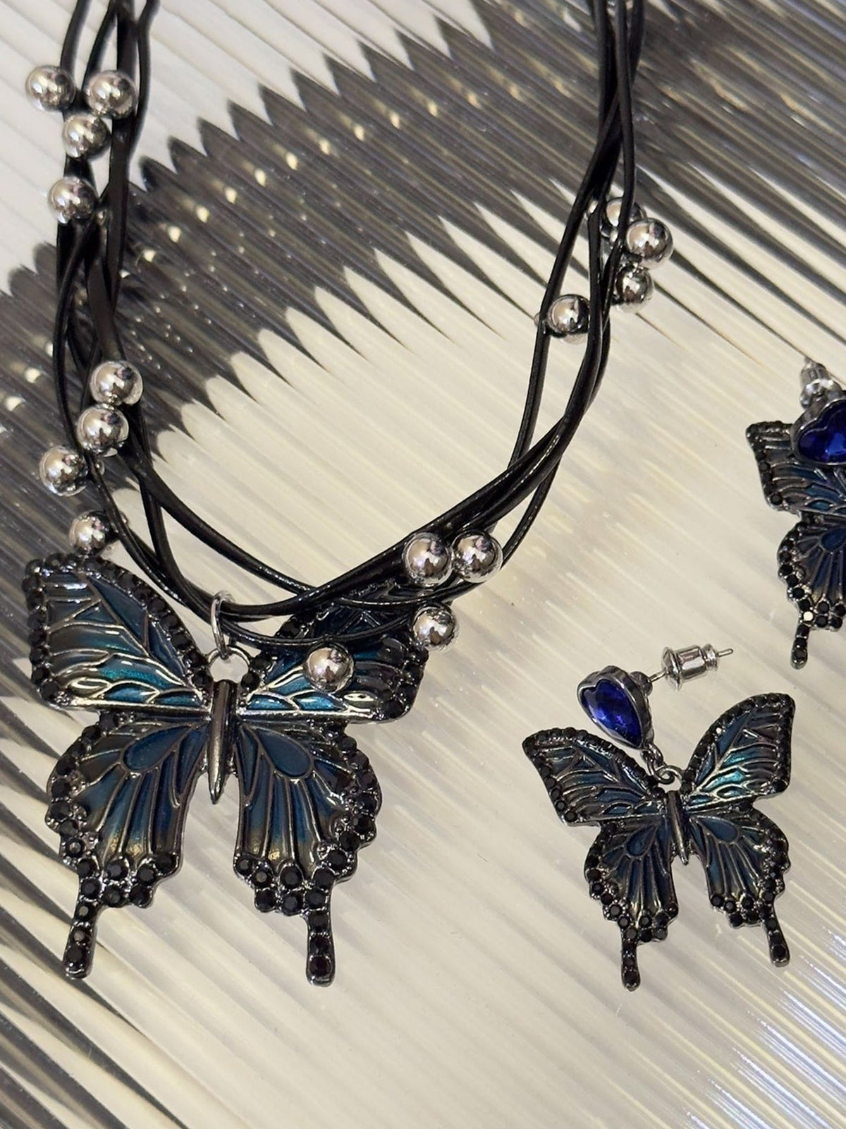 Gothic Blue and Black Butterfly Pendant Necklace NE003