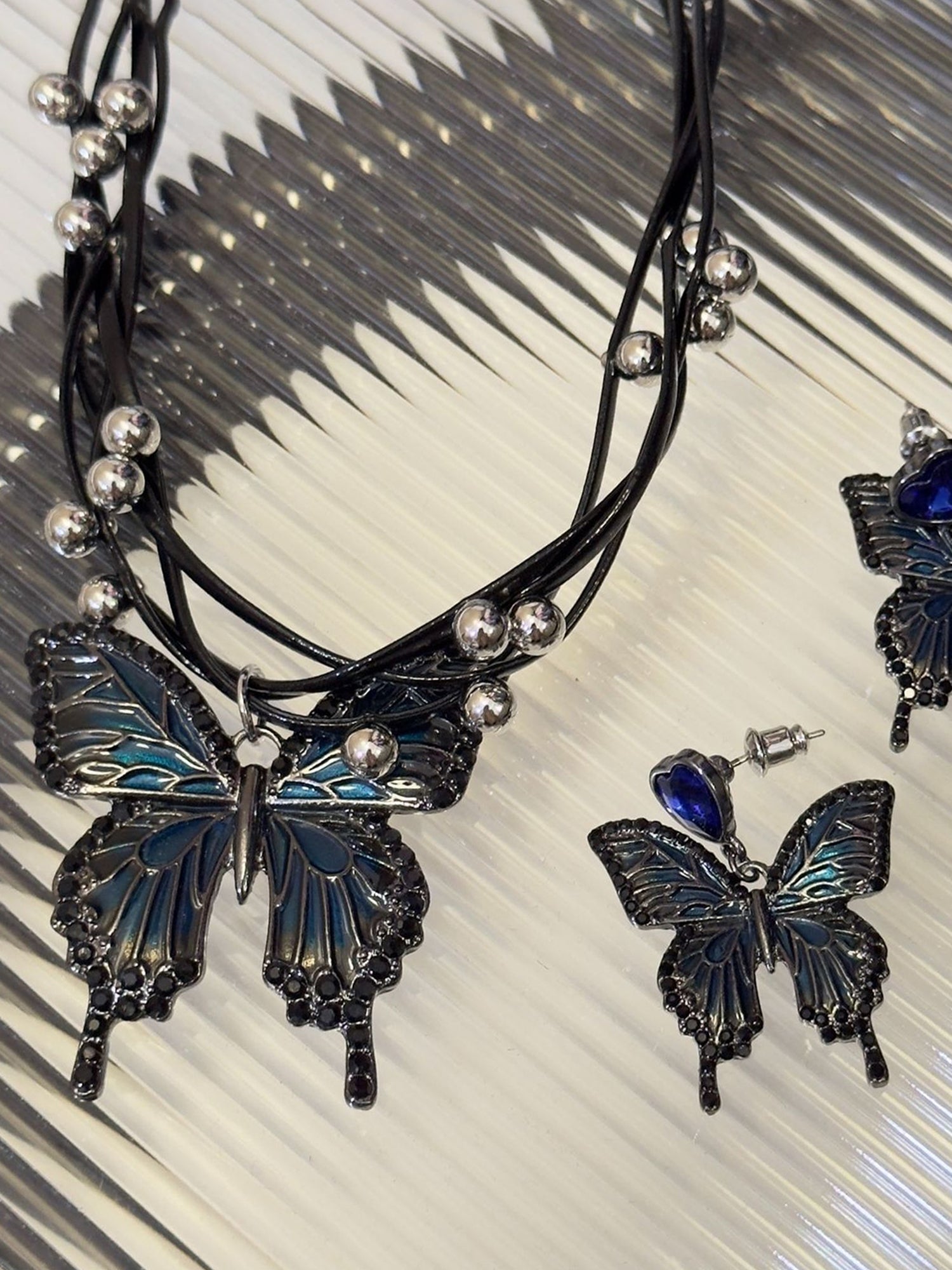 Gothic Blue and Black Butterfly Pendant Necklace NE003