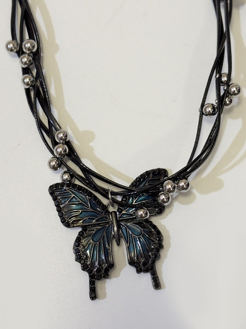 Gothic Blue and Black Butterfly Pendant Necklace NE003