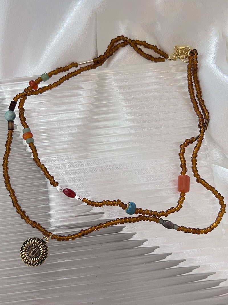 Boho Beaded Sunflower Pendant Necklace NE004