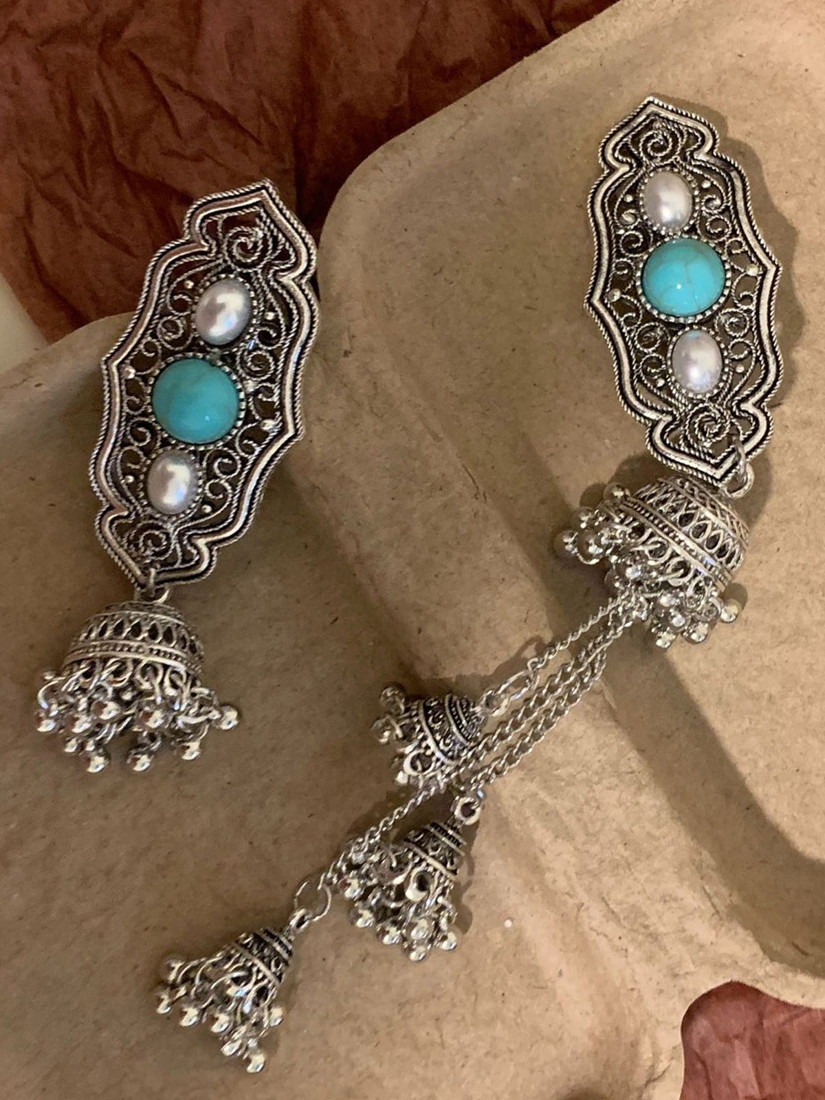 Boho Turquoise & Pearl Hair Clip - Vintage Silver Barrette with Tassel Bell Charms NE006