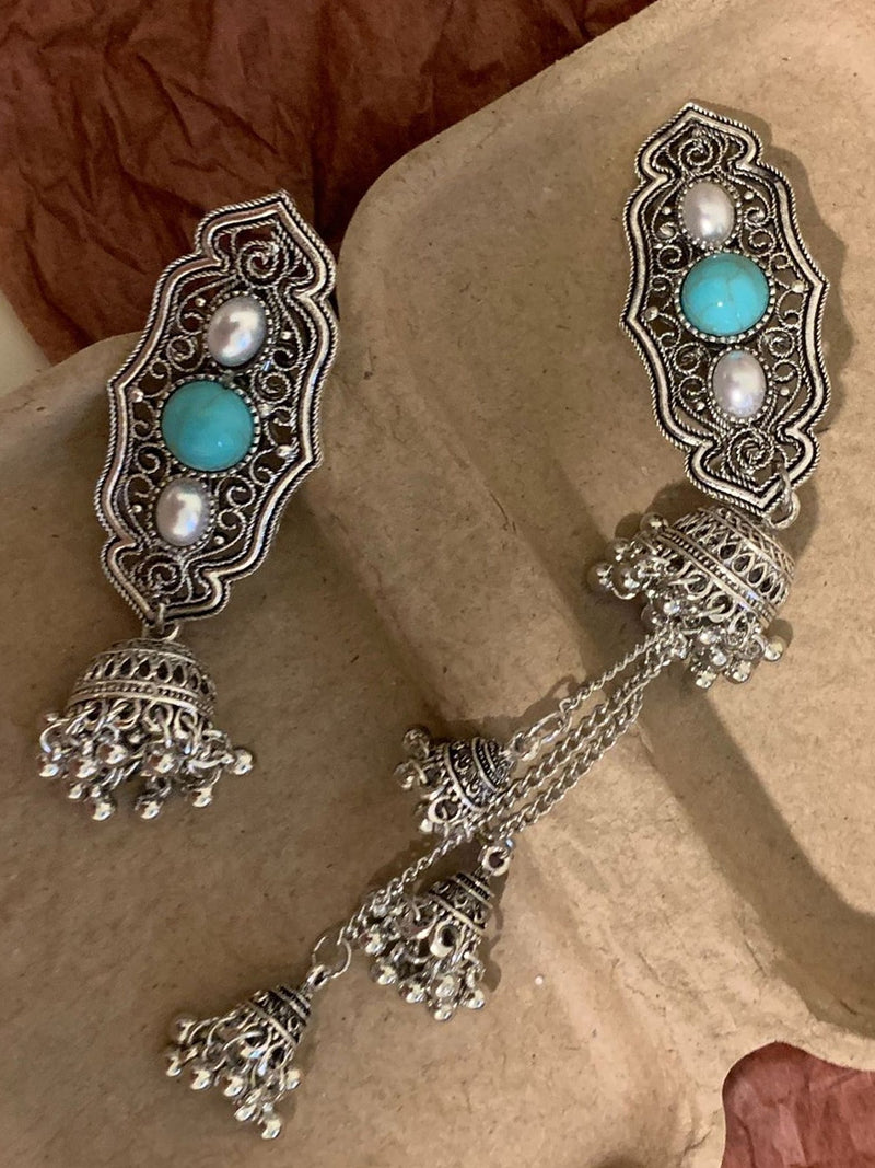 Boho Turquoise & Pearl Hair Clip - Vintage Silver Barrette with Tassel Bell Charms NE006