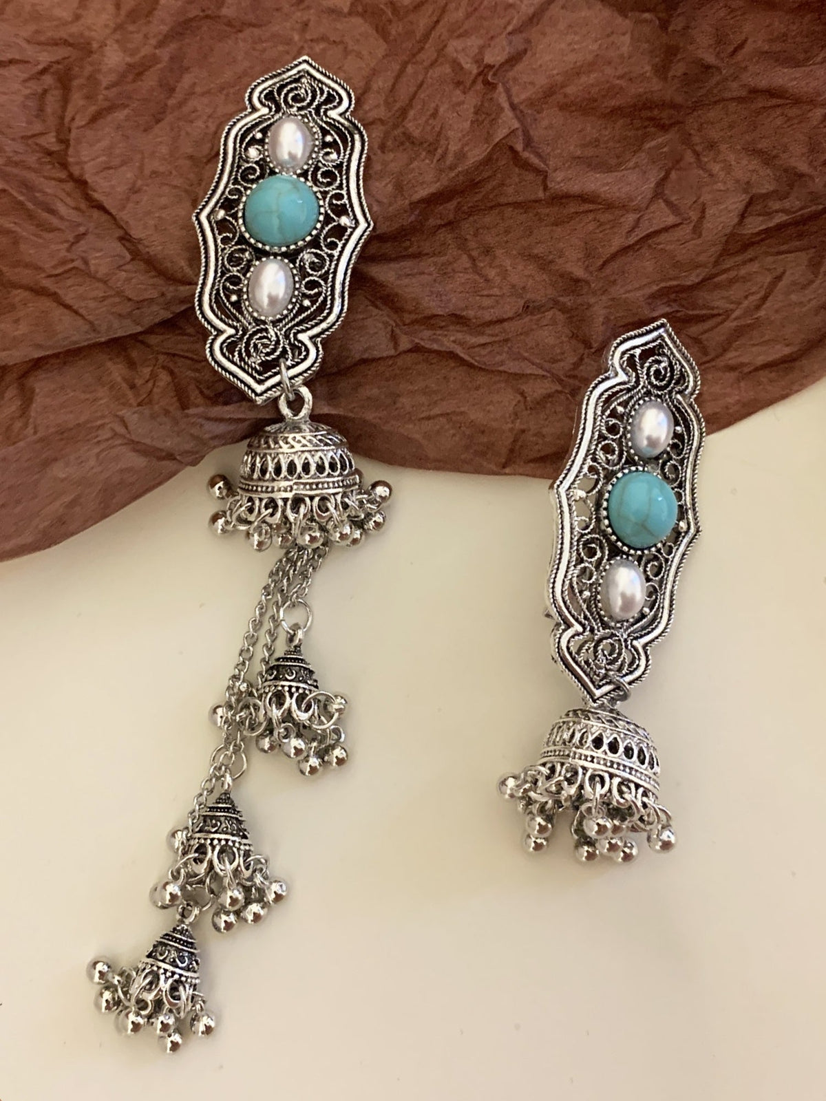 Boho Turquoise & Pearl Hair Clip - Vintage Silver Barrette with Tassel Bell Charms NE006