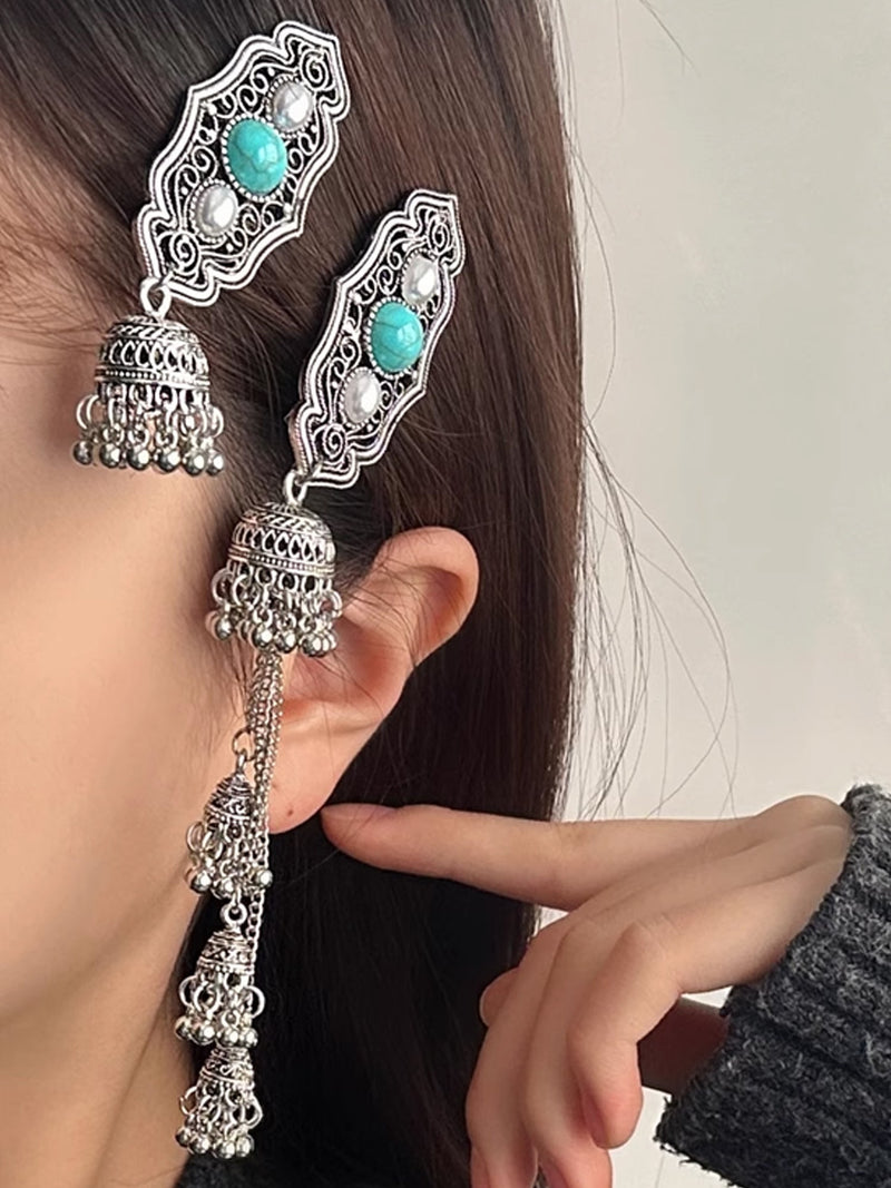 Boho Turquoise & Pearl Hair Clip - Vintage Silver Barrette with Tassel Bell Charms NE006