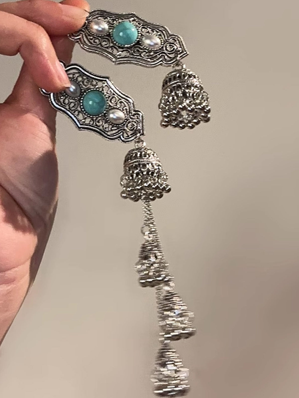 Boho Turquoise & Pearl Hair Clip - Vintage Silver Barrette with Tassel Bell Charms NE006