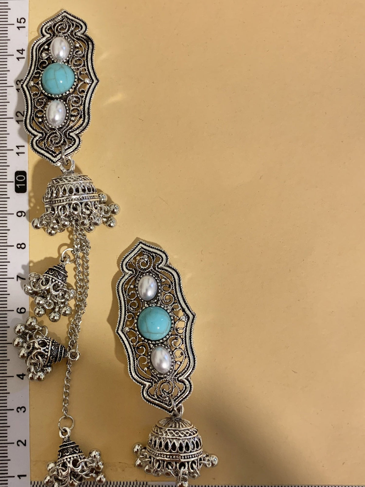 Boho Turquoise & Pearl Hair Clip - Vintage Silver Barrette with Tassel Bell Charms NE006