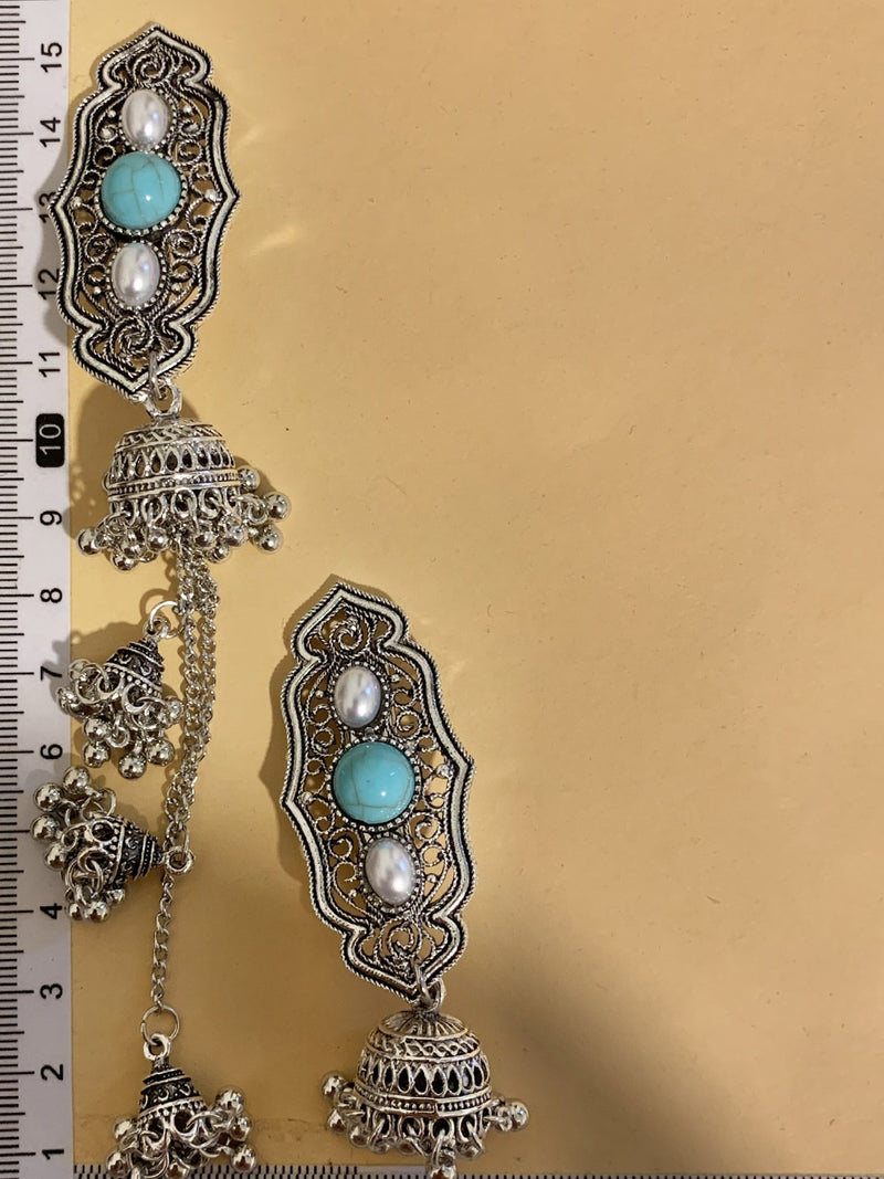 Boho Turquoise & Pearl Hair Clip - Vintage Silver Barrette with Tassel Bell Charms NE006