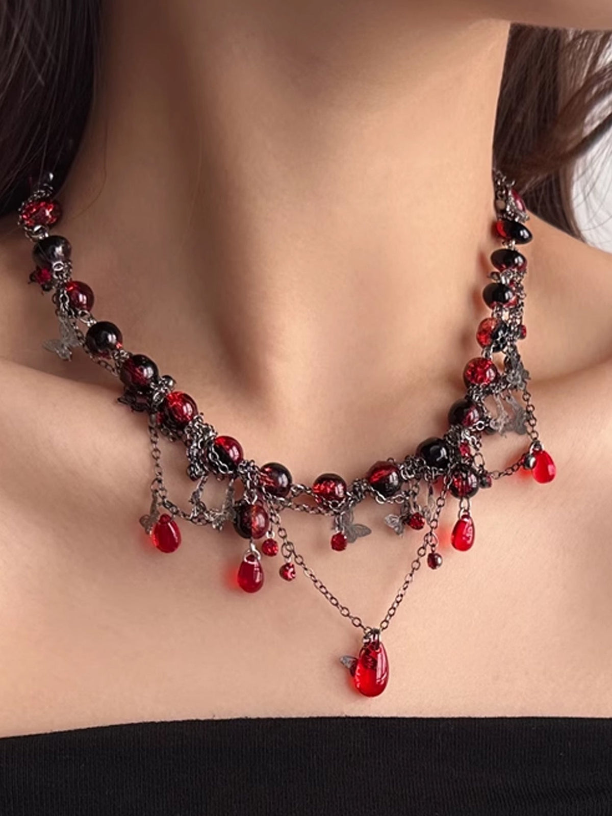 Dark Gothic Choker with Blood Red Beads & Butterfly Fringe Necklace NE007