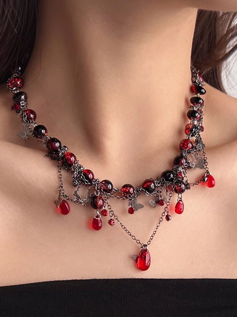 Dark Gothic Choker with Blood Red Beads & Butterfly Fringe Necklace NE007