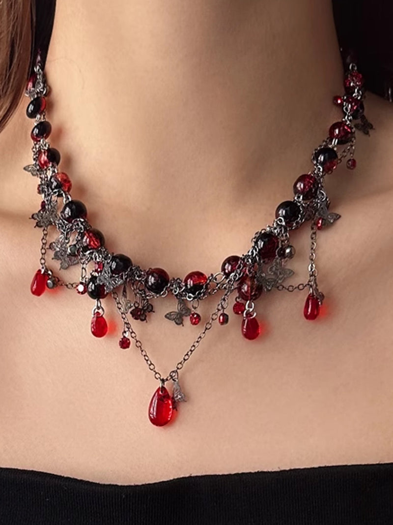 Dark Gothic Choker with Blood Red Beads & Butterfly Fringe Necklace NE007