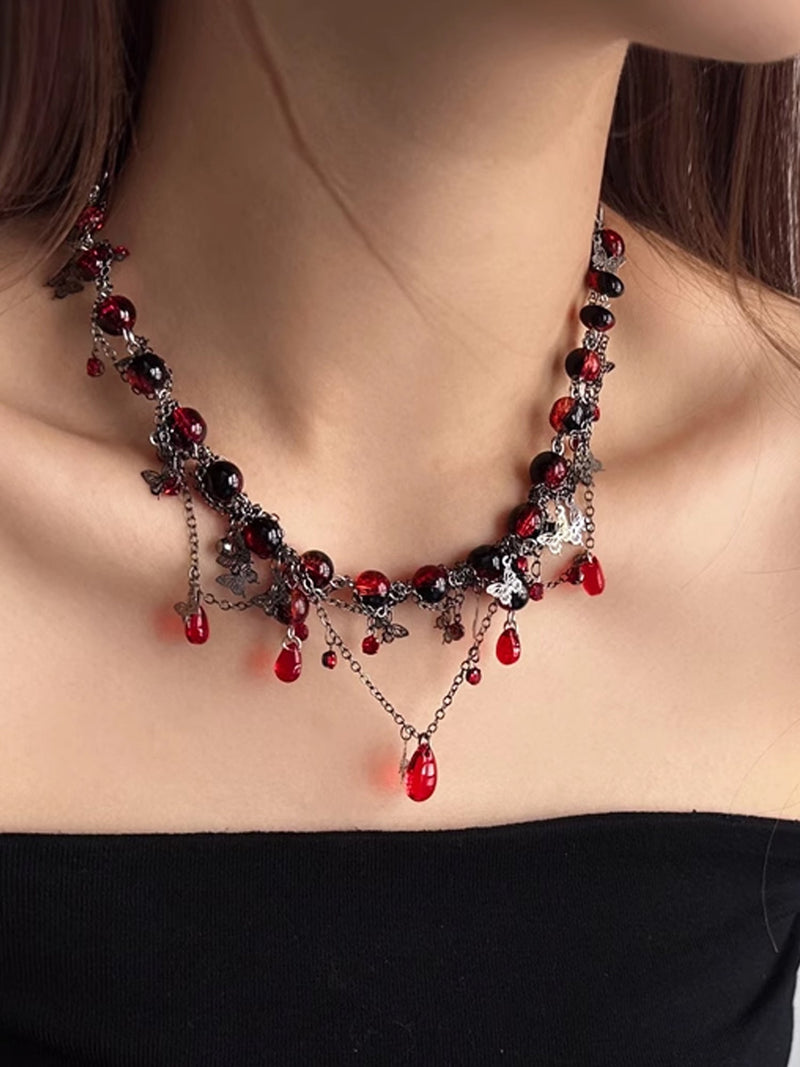 Dark Gothic Choker with Blood Red Beads & Butterfly Fringe Necklace NE007