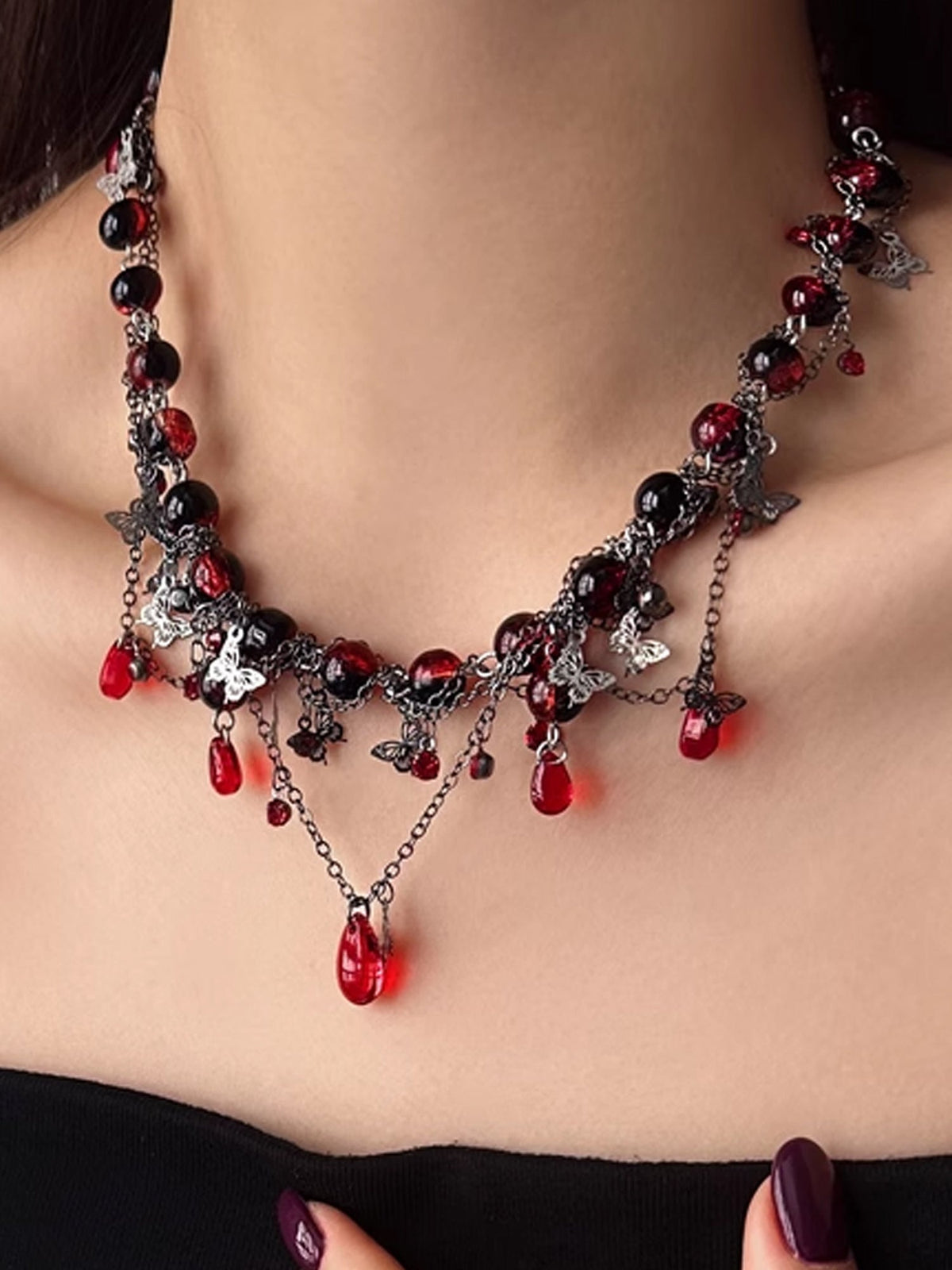 Dark Gothic Choker with Blood Red Beads & Butterfly Fringe Necklace NE007