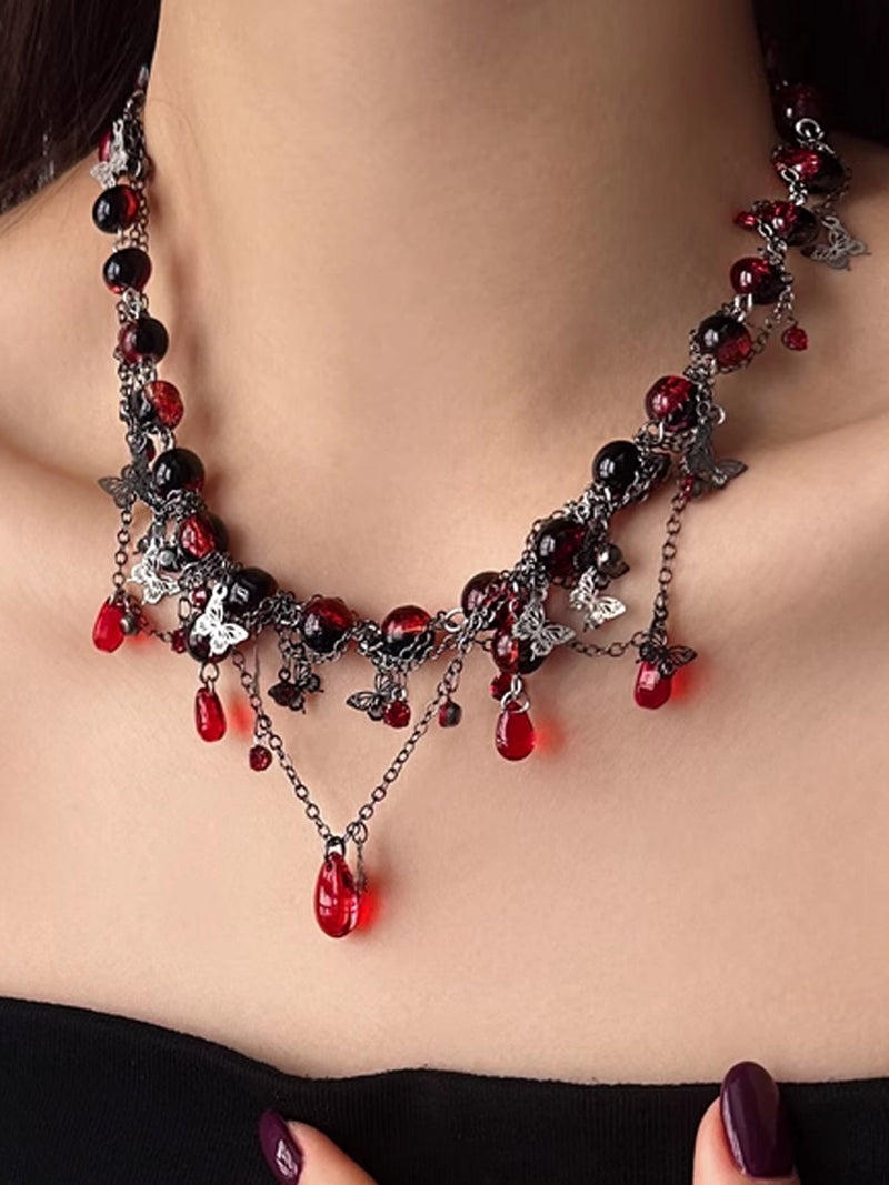 Dark Gothic Choker with Blood Red Beads & Butterfly Fringe Necklace NE007
