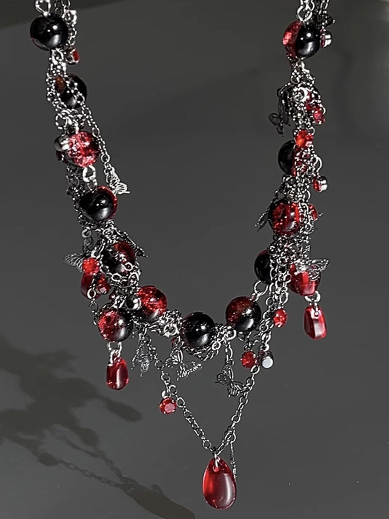 Dark Gothic Choker with Blood Red Beads & Butterfly Fringe Necklace NE007