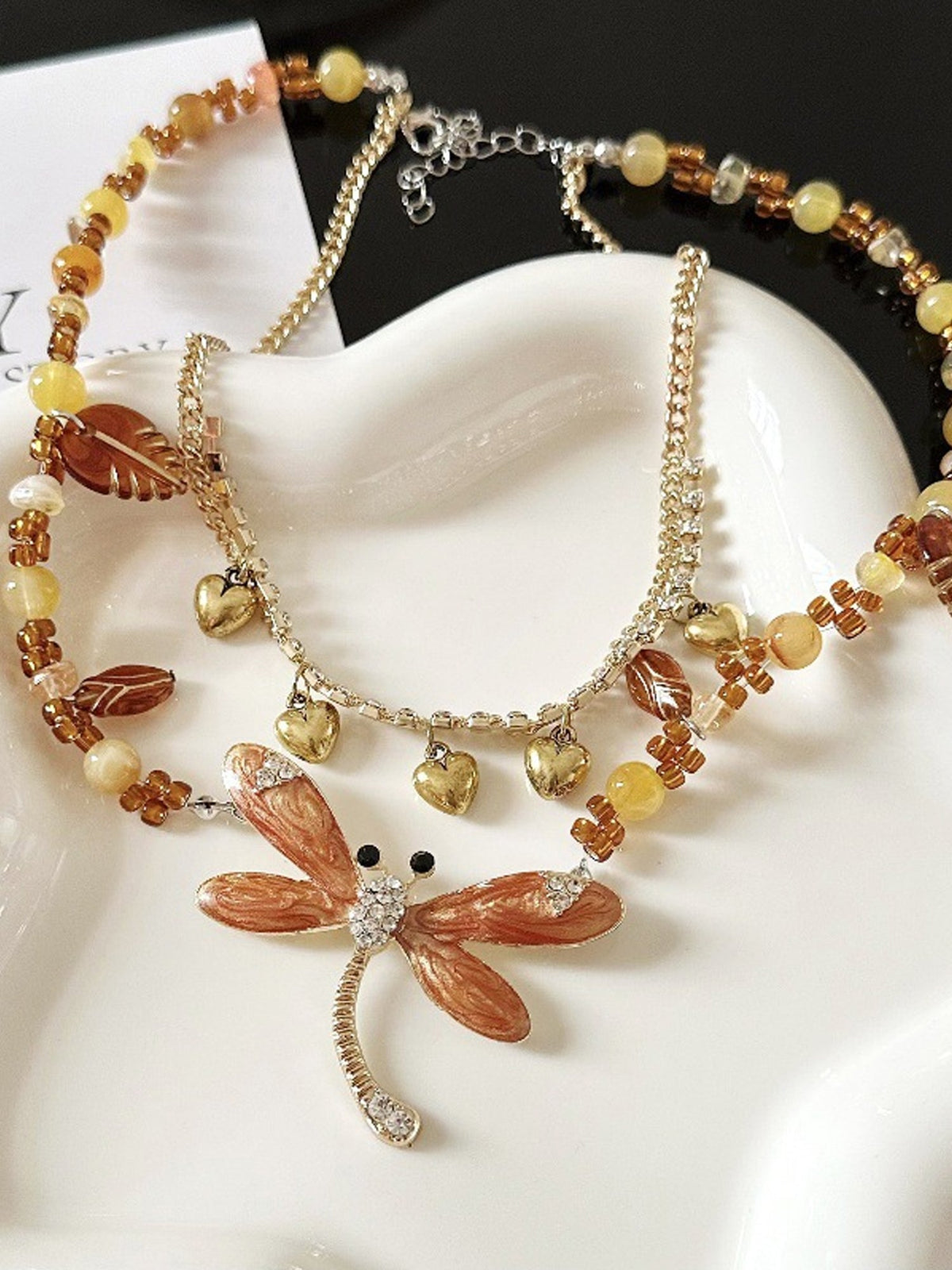 Golden Dragonfly Beaded Layered Necklace NE010