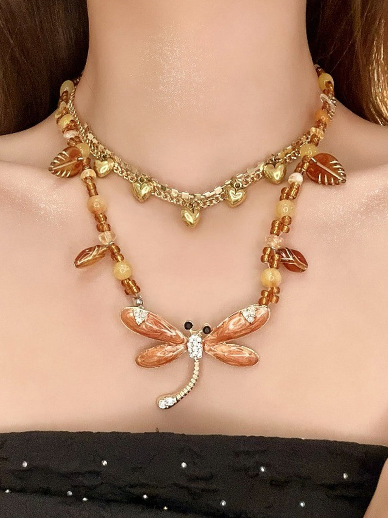 Golden Dragonfly Beaded Layered Necklace NE010