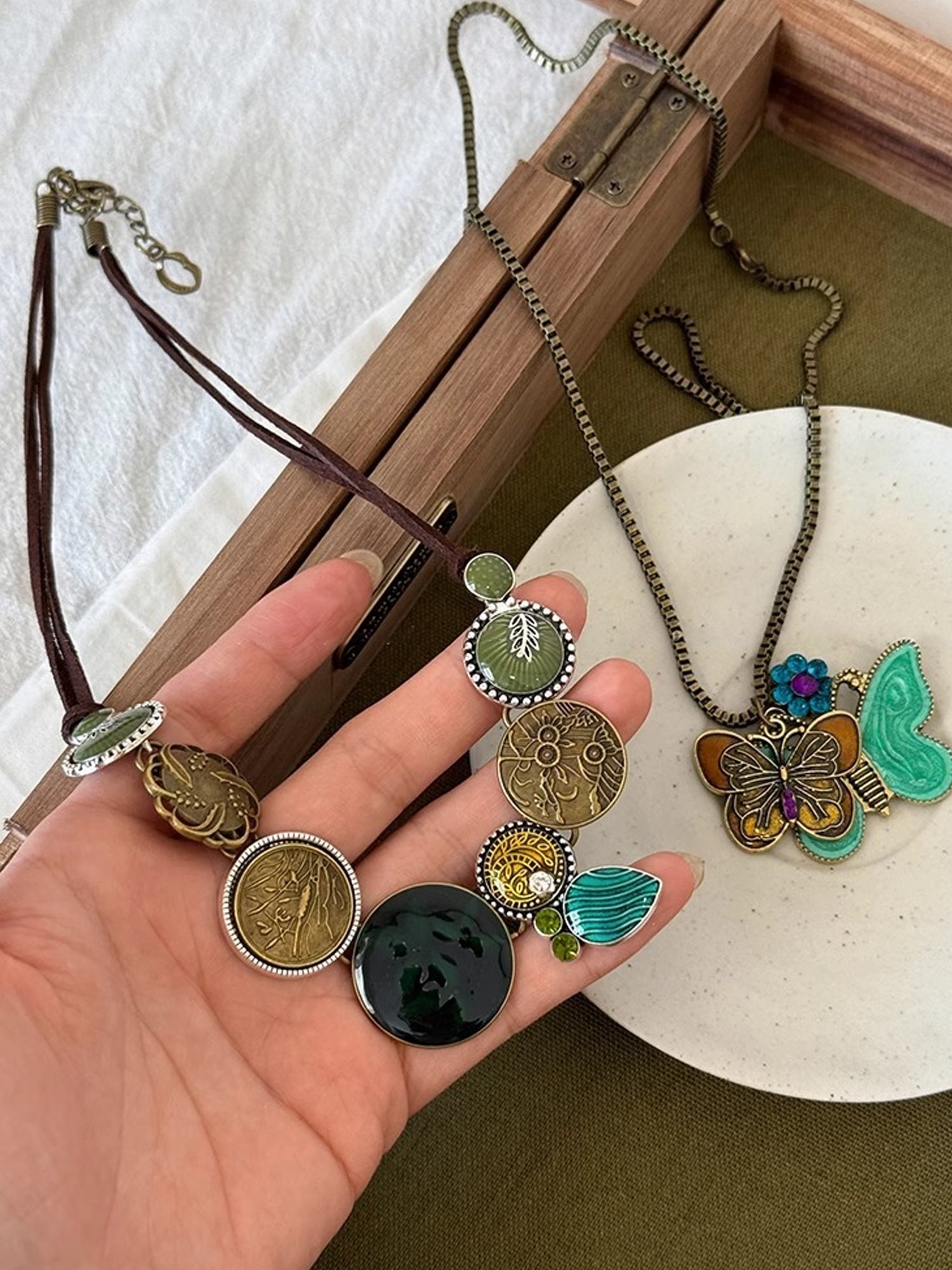 Boho Vintage Pendant Necklaces - Retro Coin, Butterfly & Enamel Charm Statement Jewelry for Women NE016