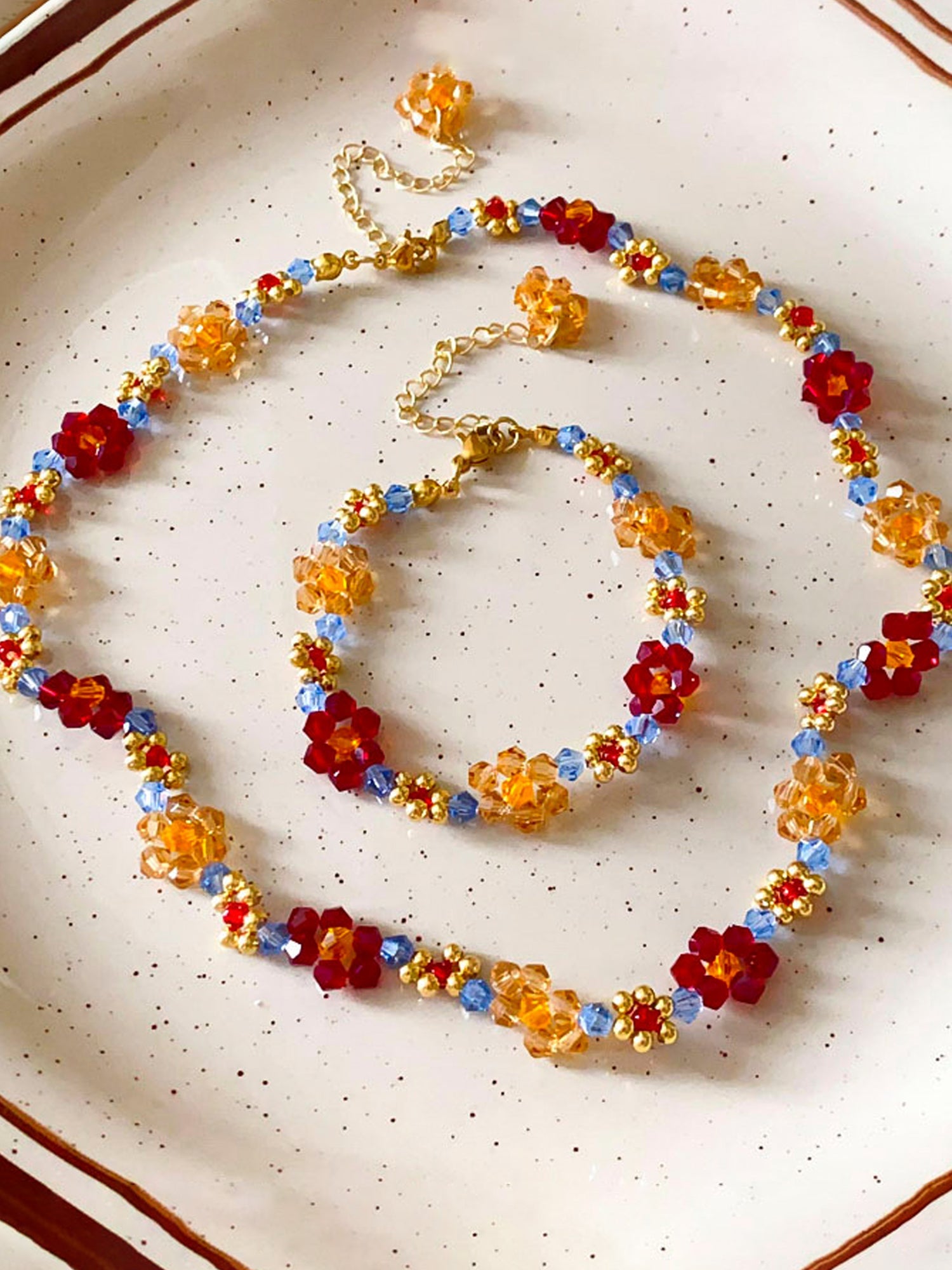 Vibrant Red & Orange Flower Beaded Necklace & Bracelet Set