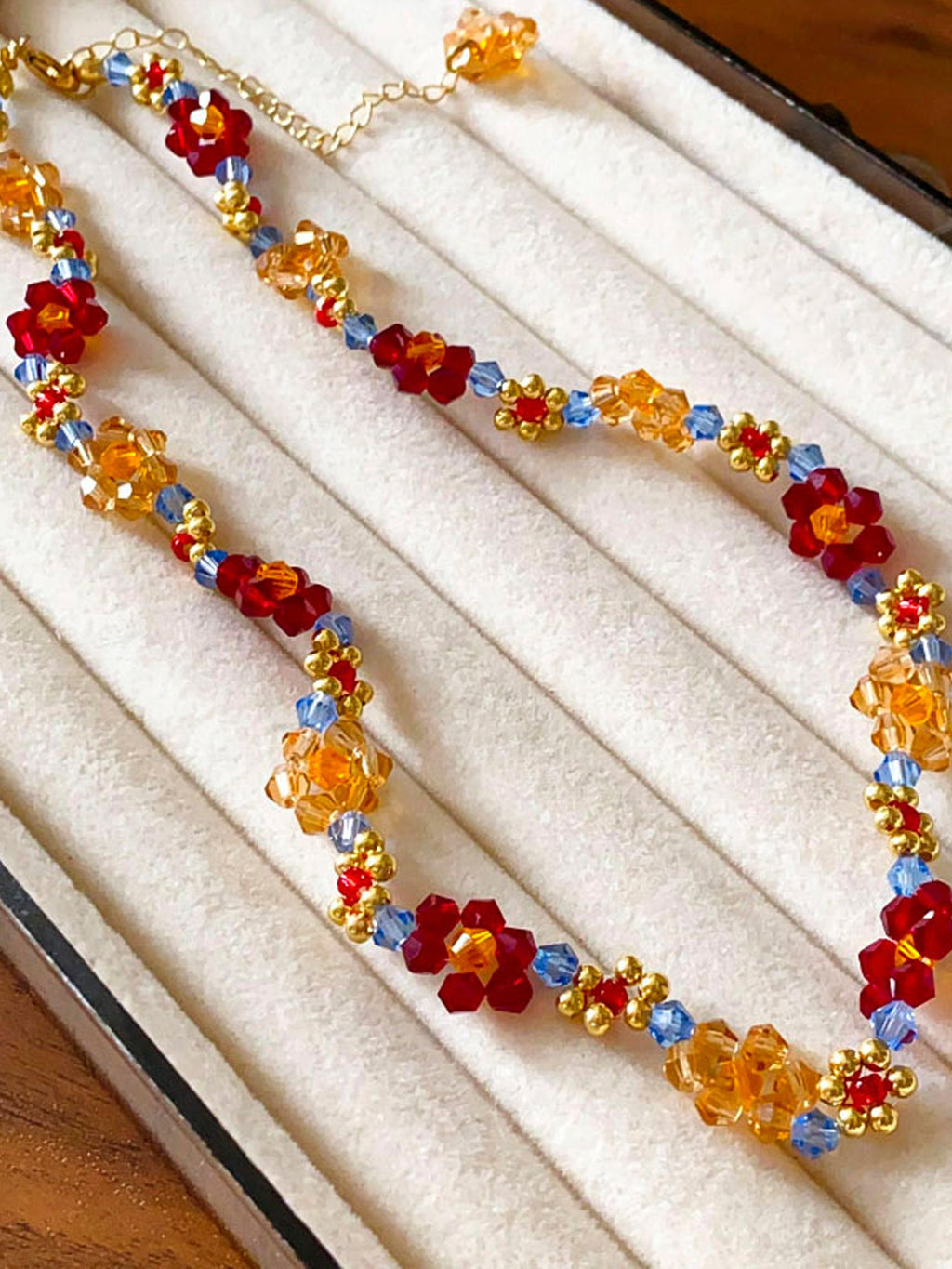 Vibrant Red & Orange Flower Beaded Necklace & Bracelet Set