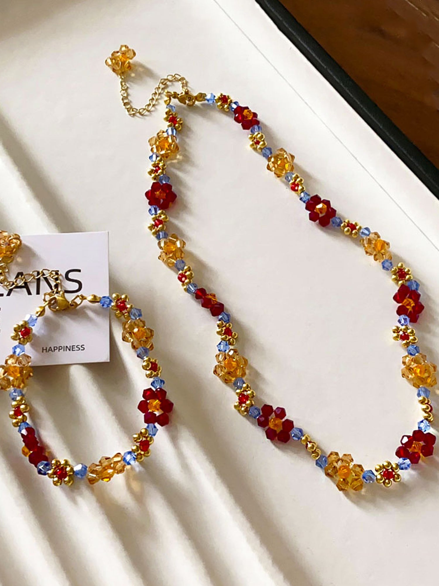 Vibrant Red & Orange Flower Beaded Necklace & Bracelet Set