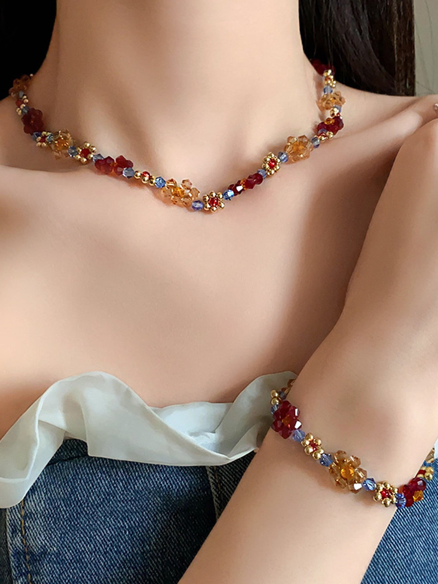 Vibrant Red & Orange Flower Beaded Necklace & Bracelet Set