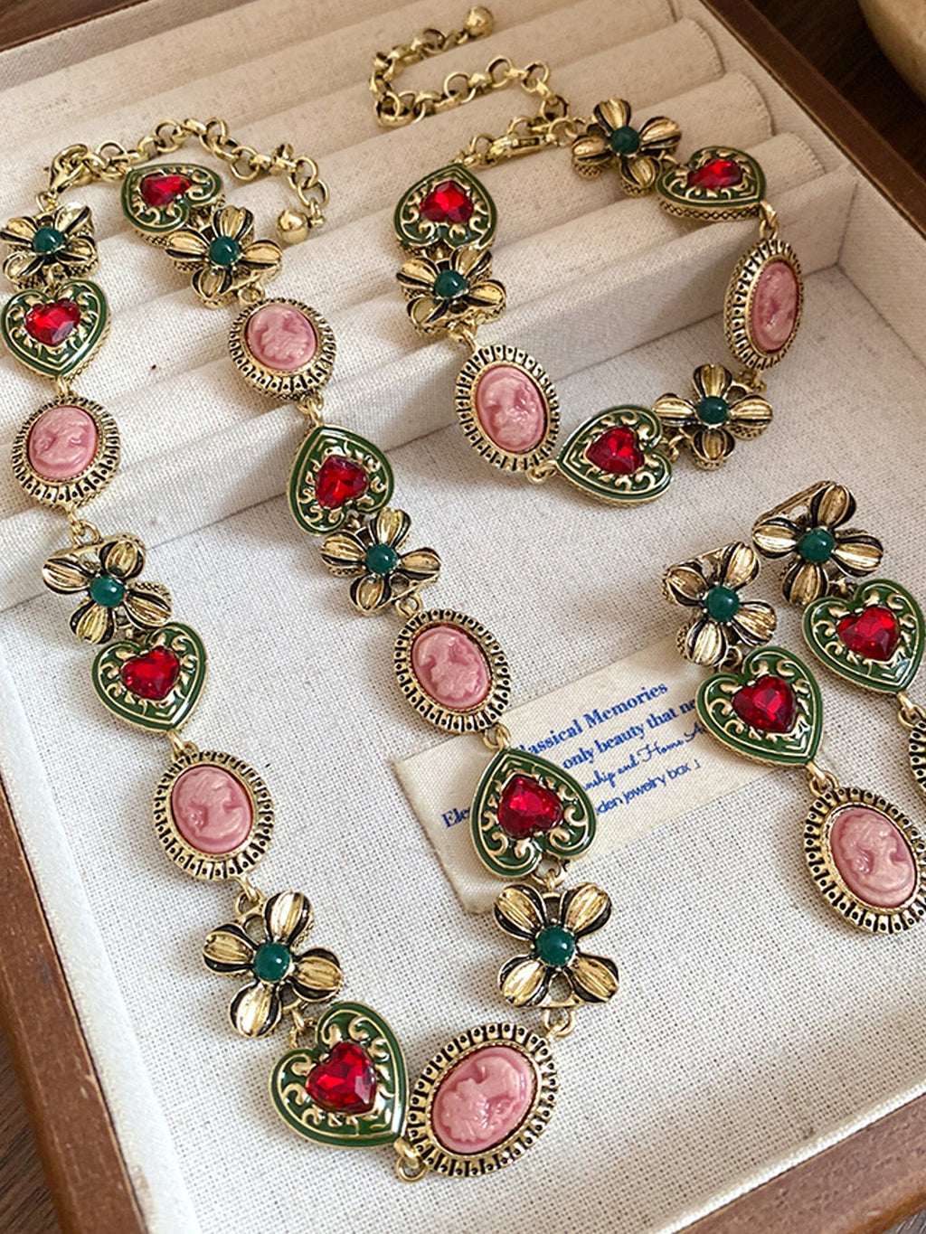 Vintage Necklace & Bracelet Set: Gold-Tone with Red Heart Gems & Enamel Florals NE021