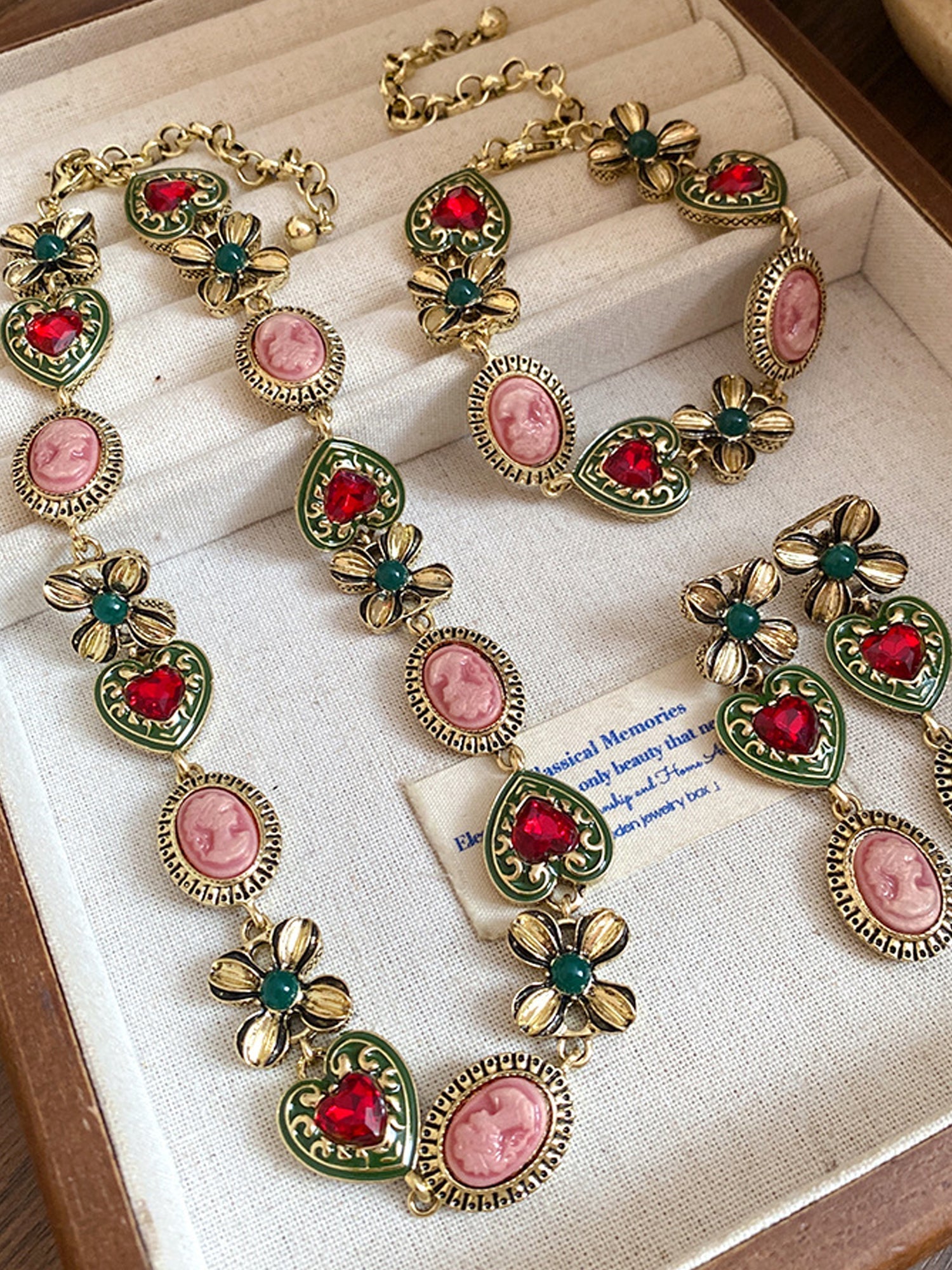 Vintage Necklace & Bracelet Set: Gold-Tone with Red Heart Gems & Enamel Florals NE021