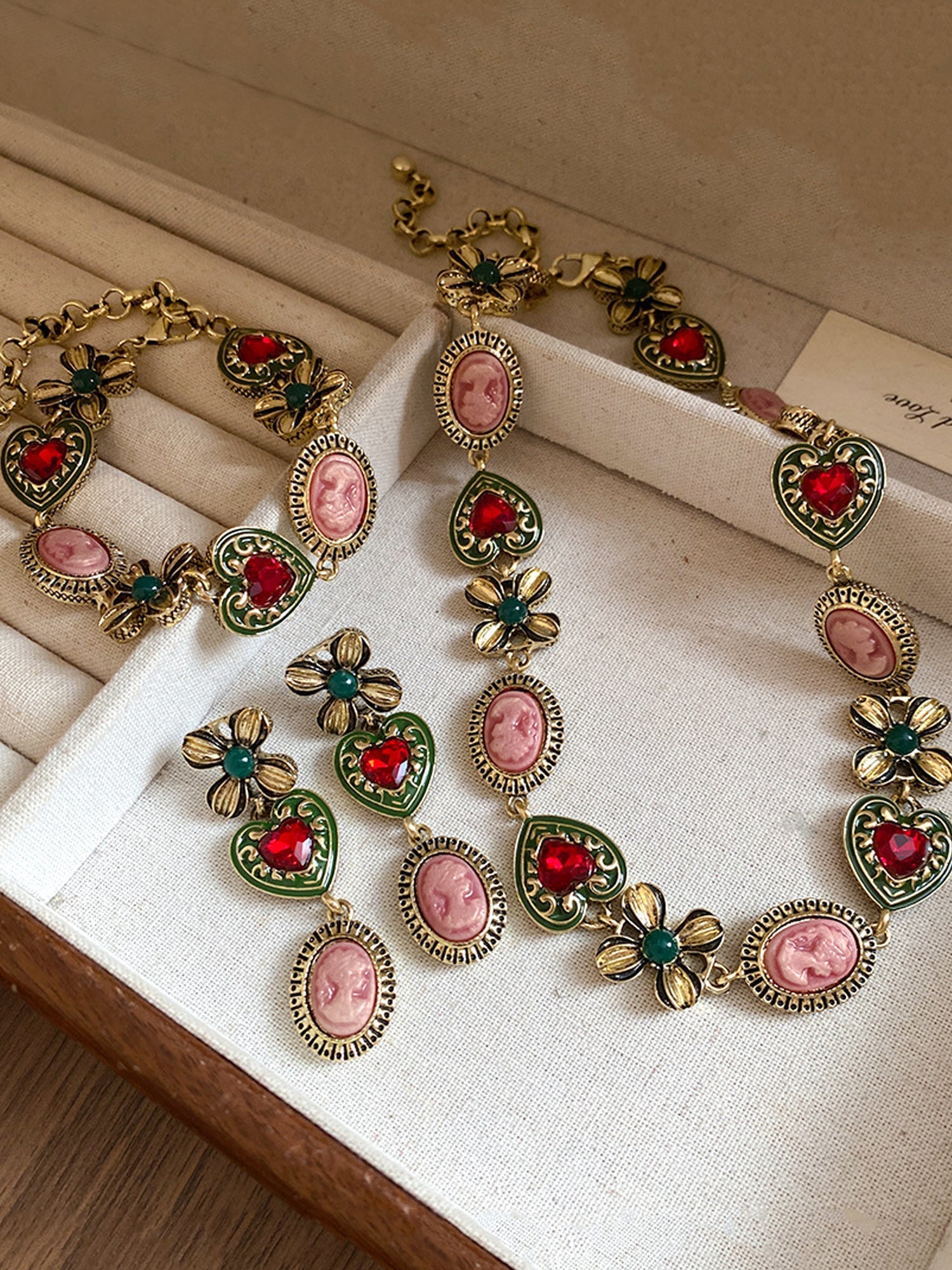 Vintage Necklace & Bracelet Set: Gold-Tone with Red Heart Gems & Enamel Florals NE021