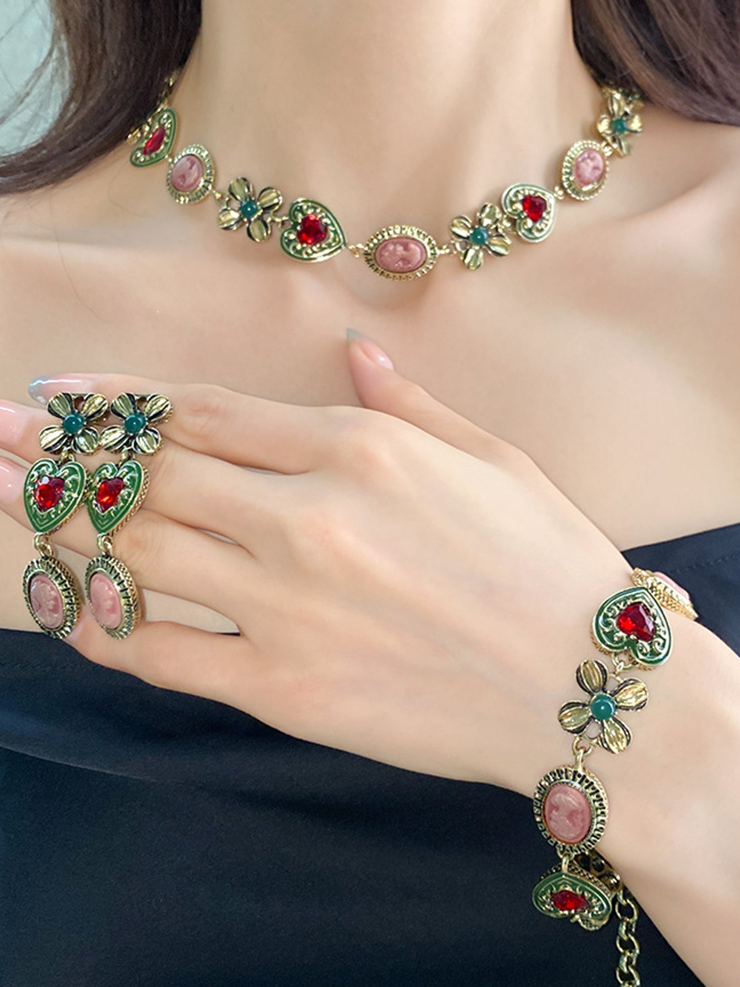 Vintage Necklace & Bracelet Set: Gold-Tone with Red Heart Gems & Enamel Florals NE021