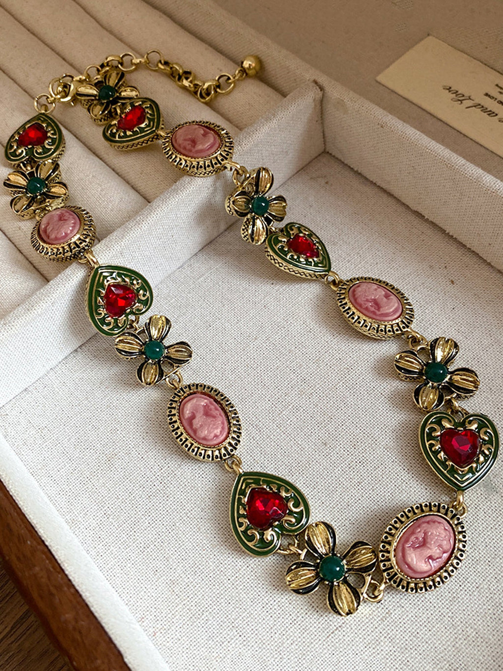 Vintage Necklace & Bracelet Set: Gold-Tone with Red Heart Gems & Enamel Florals NE021